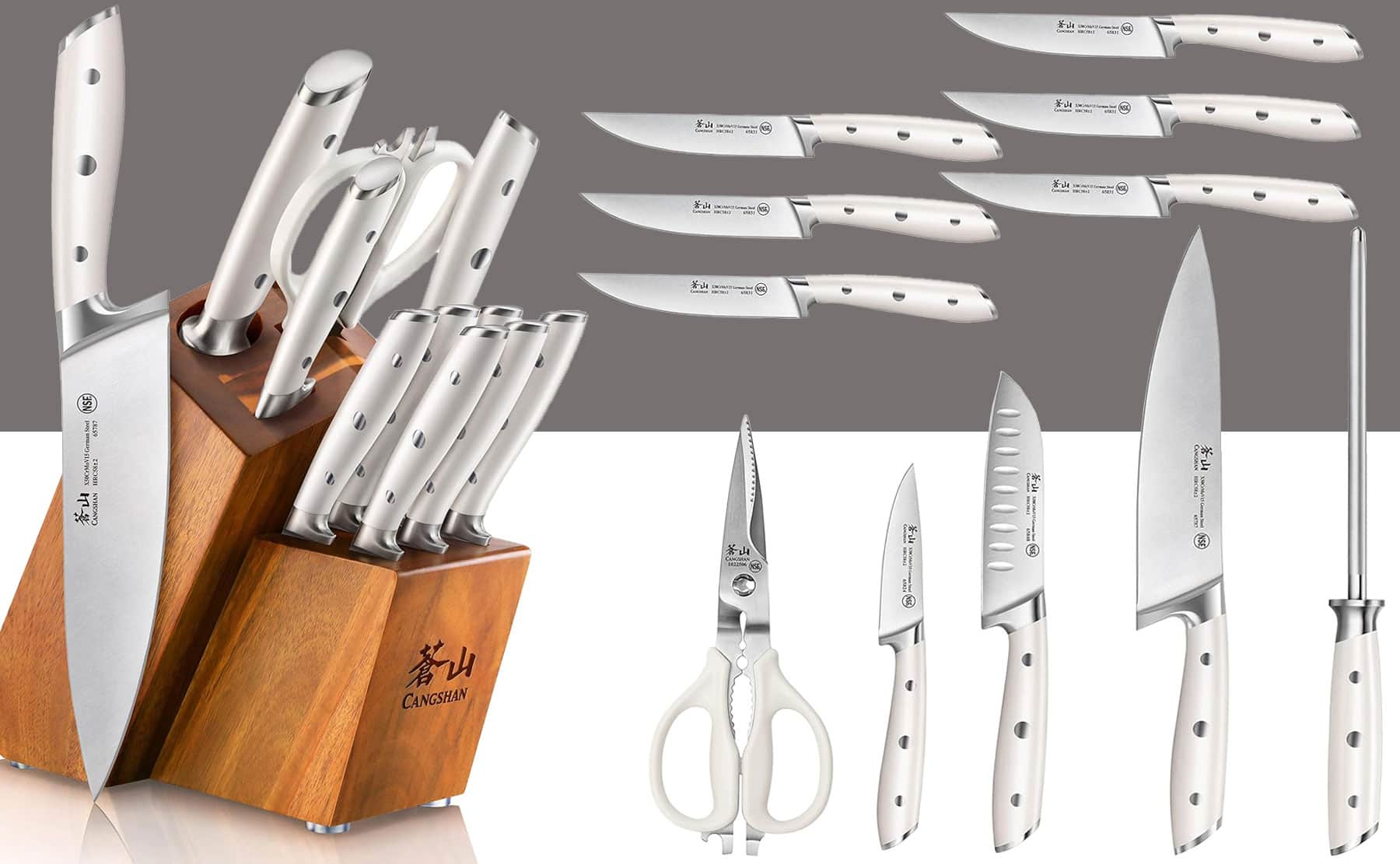 A two image collage showcasing the Cangshan Alps 12-piece kitchen knife set with the knives both in and out of the storage block. 