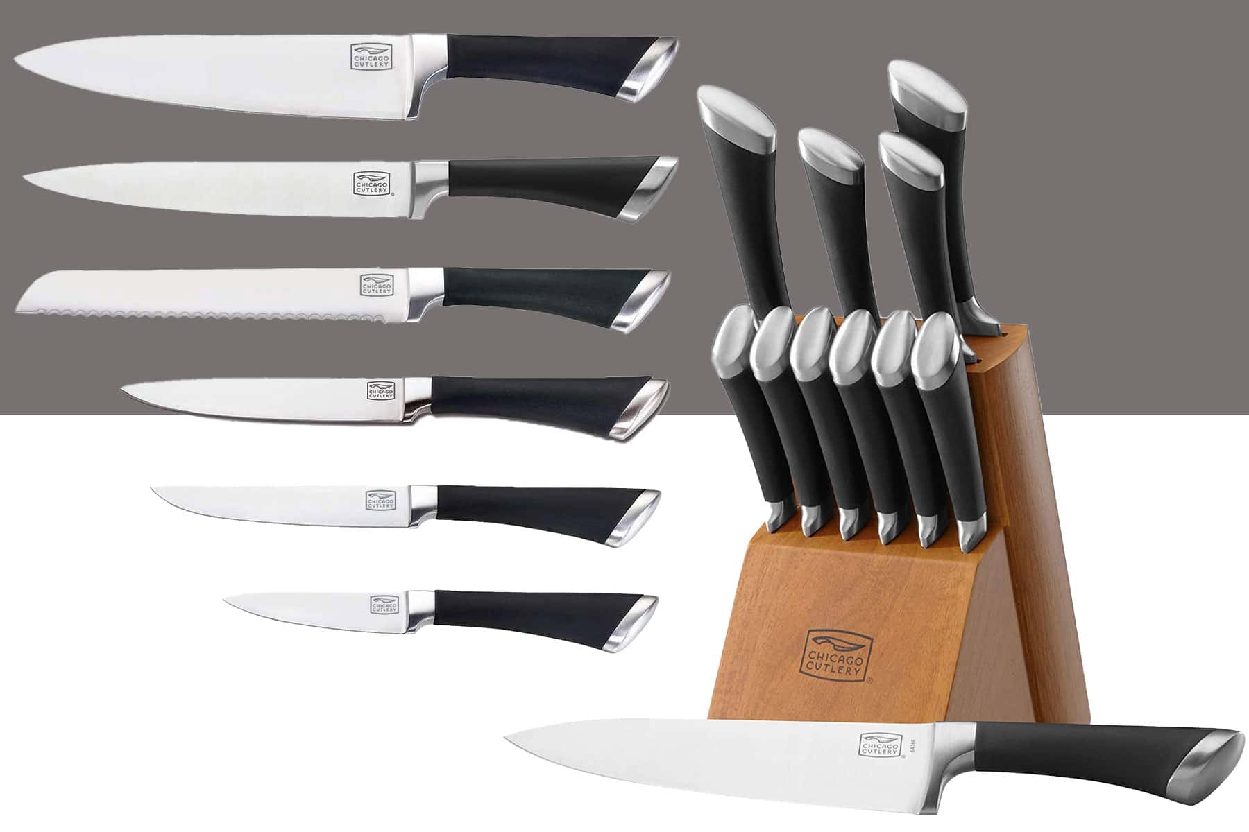 A two part image collage showing the Chicago Cutlery Fusion 12-pice knife set with the knives inside the storage block on the left and outside the storage block on the right.