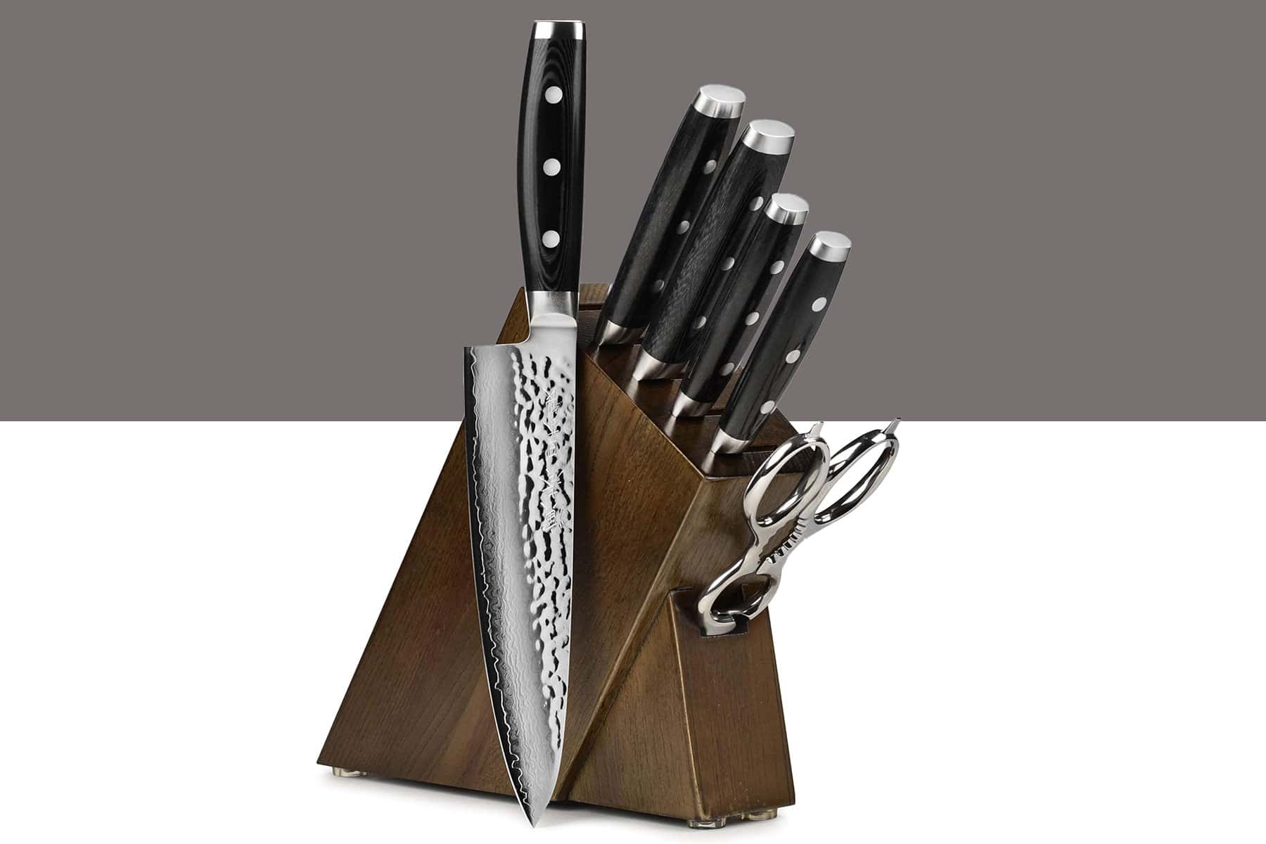 The Enso HD Japanese Kitchen Knife set shown here with the knives inside the storage block.