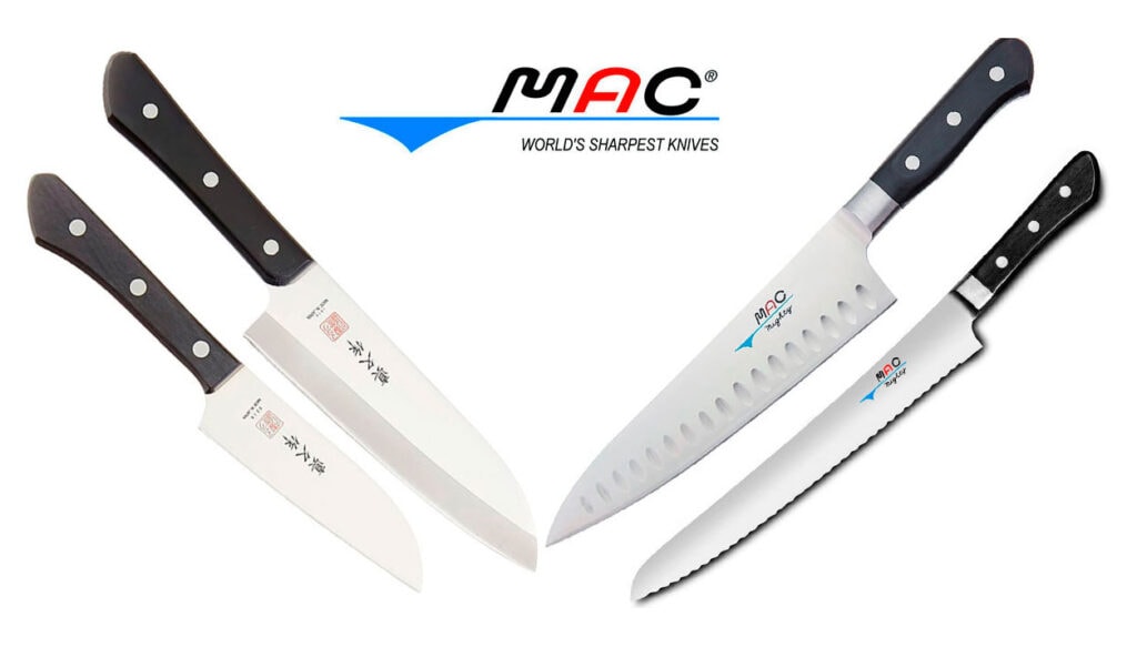 This image collage shows 4 different Mac knives in a V formation with a logo in the center on a white background.