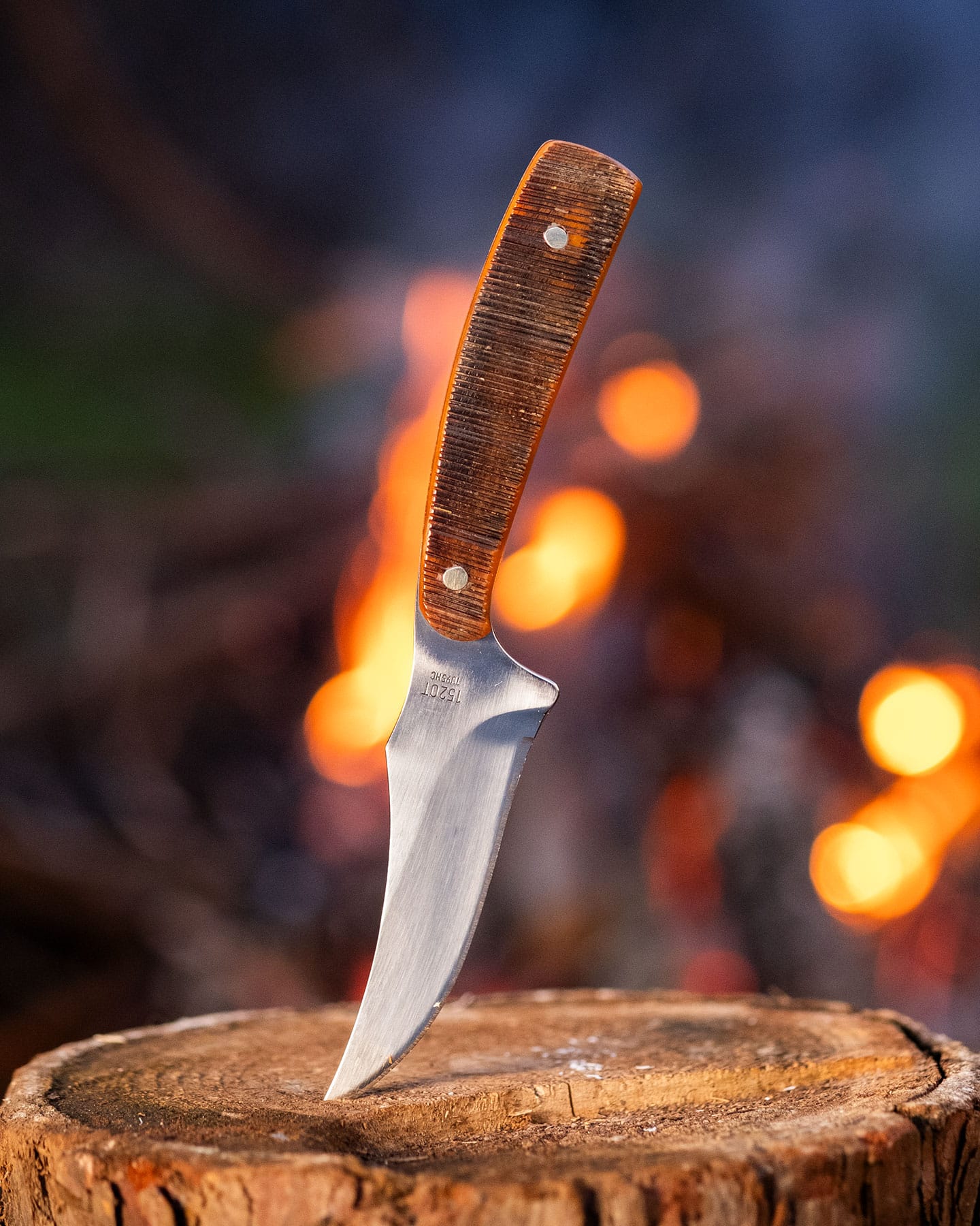 The Old Timer Sharpfinger TG fixed blade knife sticking out of a piece of firewood in front of a campfire.