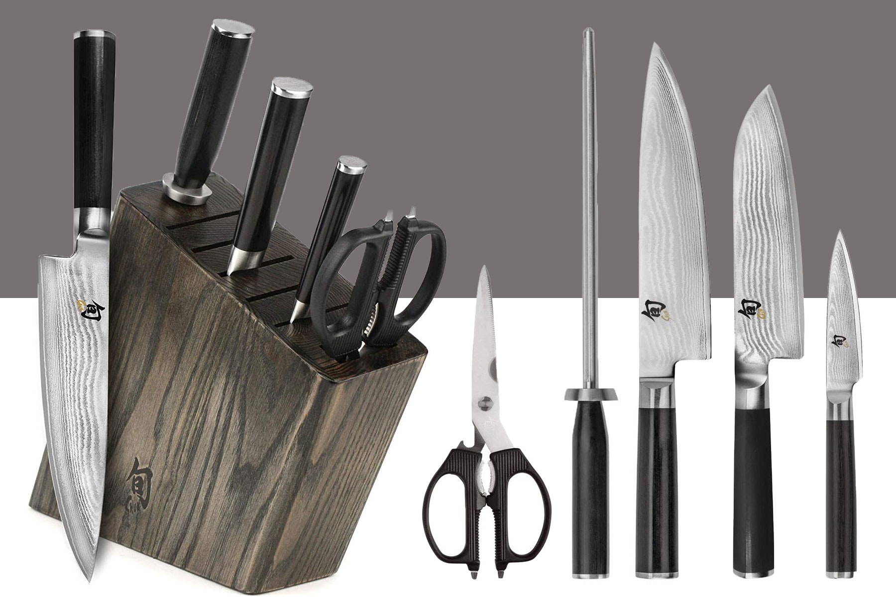 The Shun Classic 6-piece Japanese knife set shown with the knives inside the storage block and outside the storage block. 