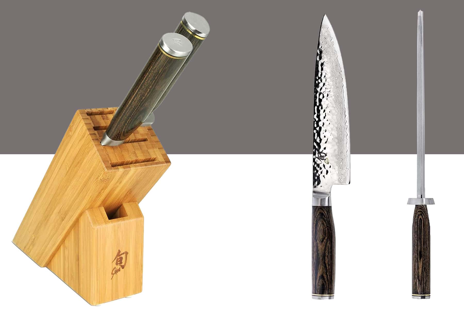 The Shun Premier Build-A-Block 3-piece knife set shown with the knives inside the storage block on the left and outside the storage block on the right.