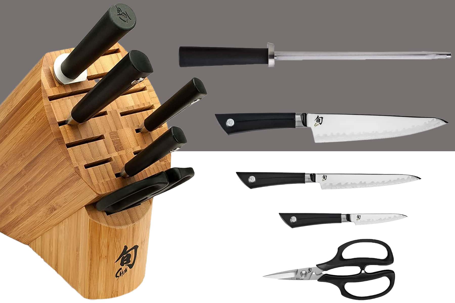 The Shun Sora six-piece knife set shown on the left inside its storage block and on the right with the knives outside the storage block.