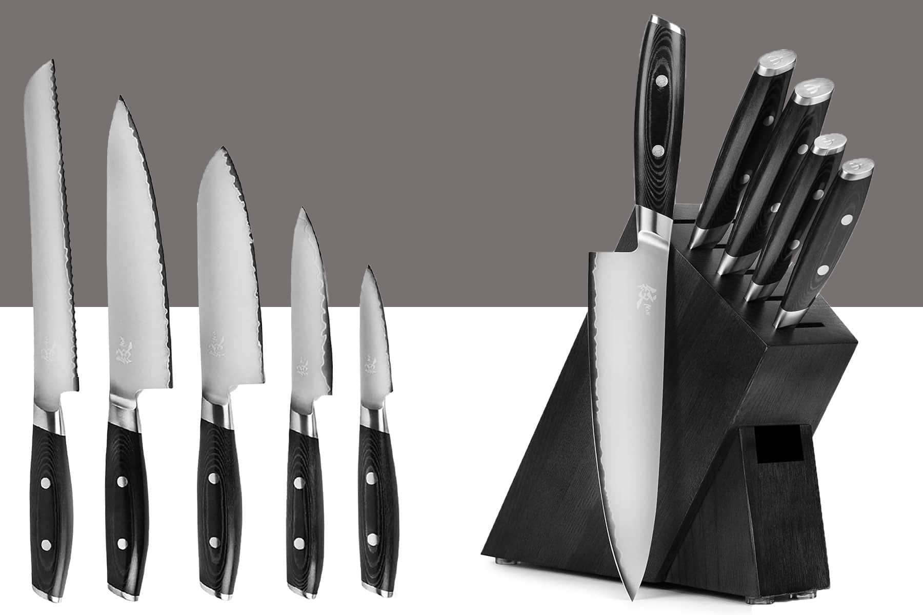 The Yaxell Mon 6-piece knife set shown with the knives inside and outside the storage block on a split white and gray background. 