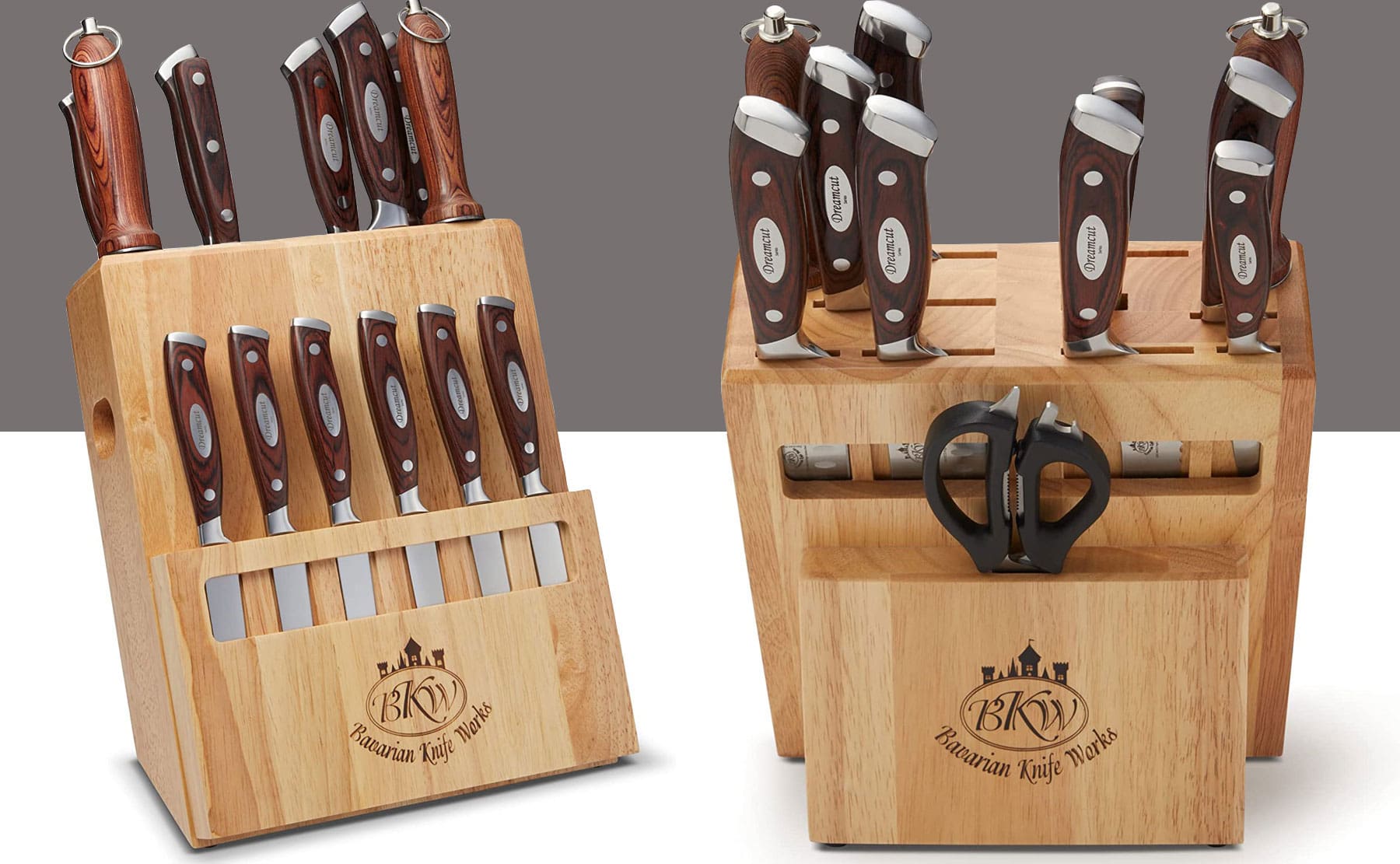 The Bavarian Knife Works 19-piece set shown here on both sides to show the detachable steak knife section. 