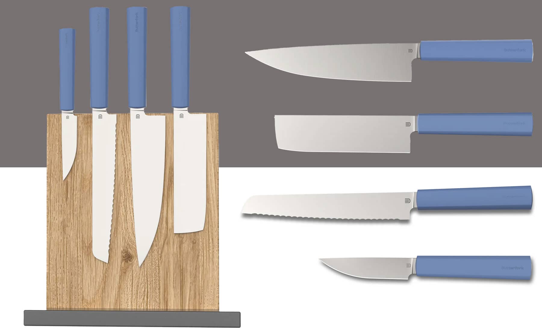 A multi-image collage featuring the Butterfork Purest five piece knife set shown here on the left with the knives attached to its magnetic board and on the right side off of the magnetic board. 