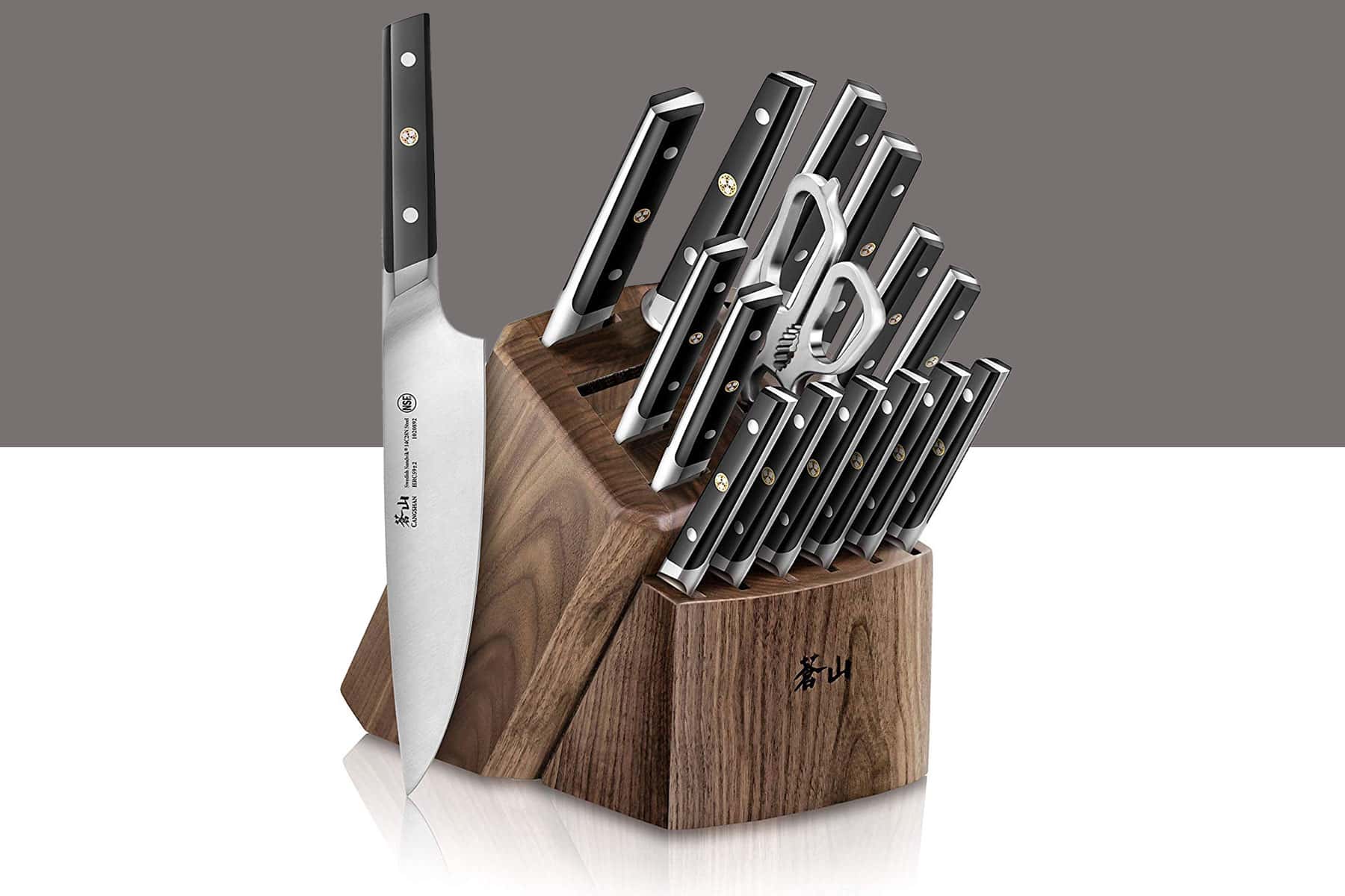 The Canhshan TC professional knife set with the knives inside the storage block on a gray and white background.