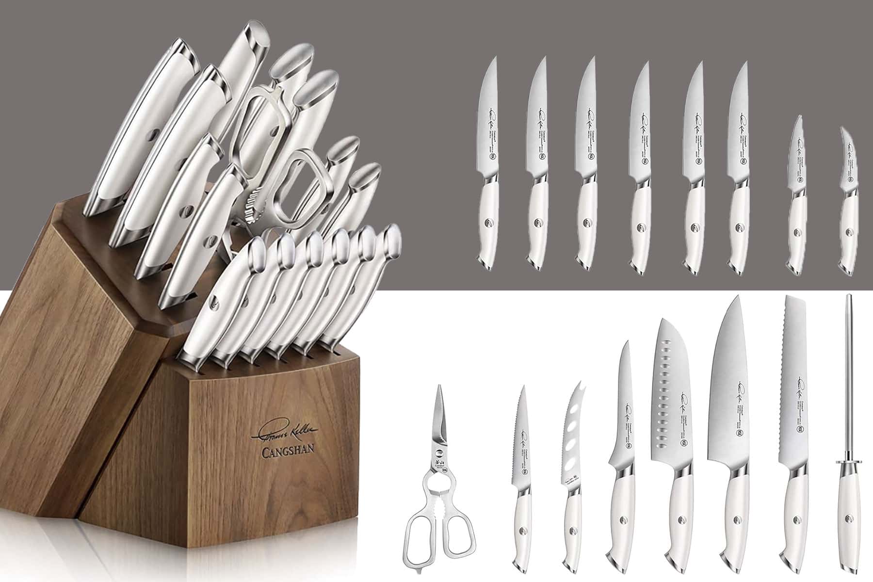 The Cangshan Thomas Keller 17-piece knife set shown with the knives in the storage block and outside of the storage block on a white and gray background.