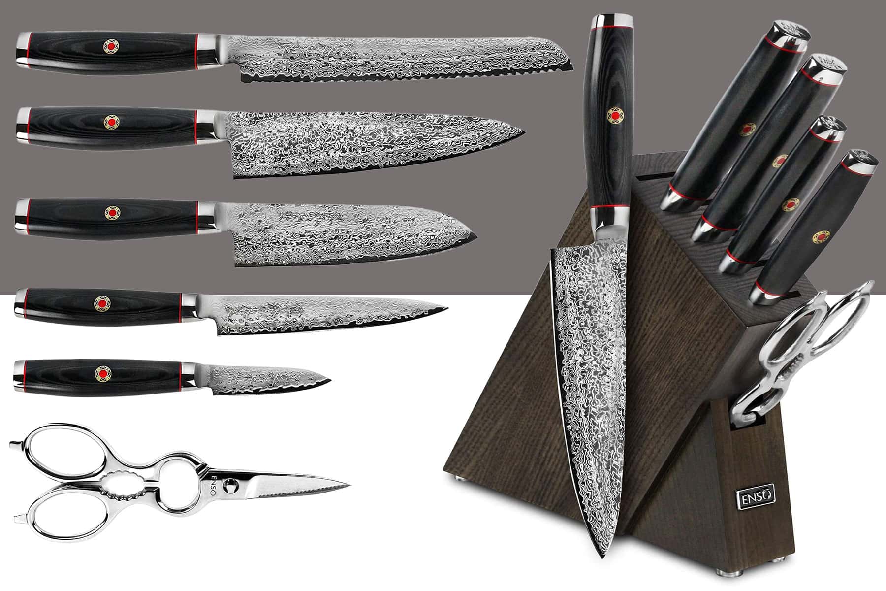 The Enso SG2 high-end knife set shown with the wood storage block and kitchen shears on a white and gray background. 