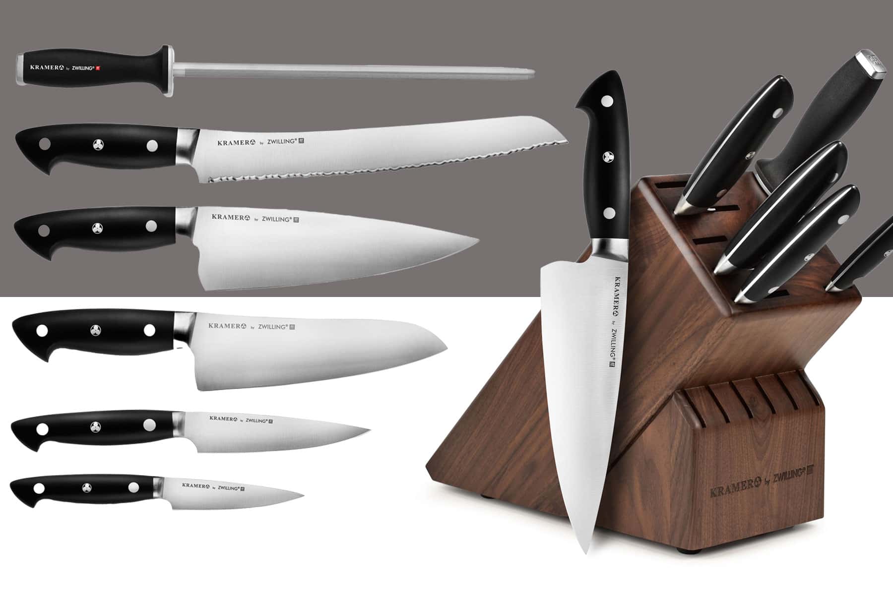 The Zwilling by Kramer Euroline Essential knife set shown with the wood storage block on a white and gray background.