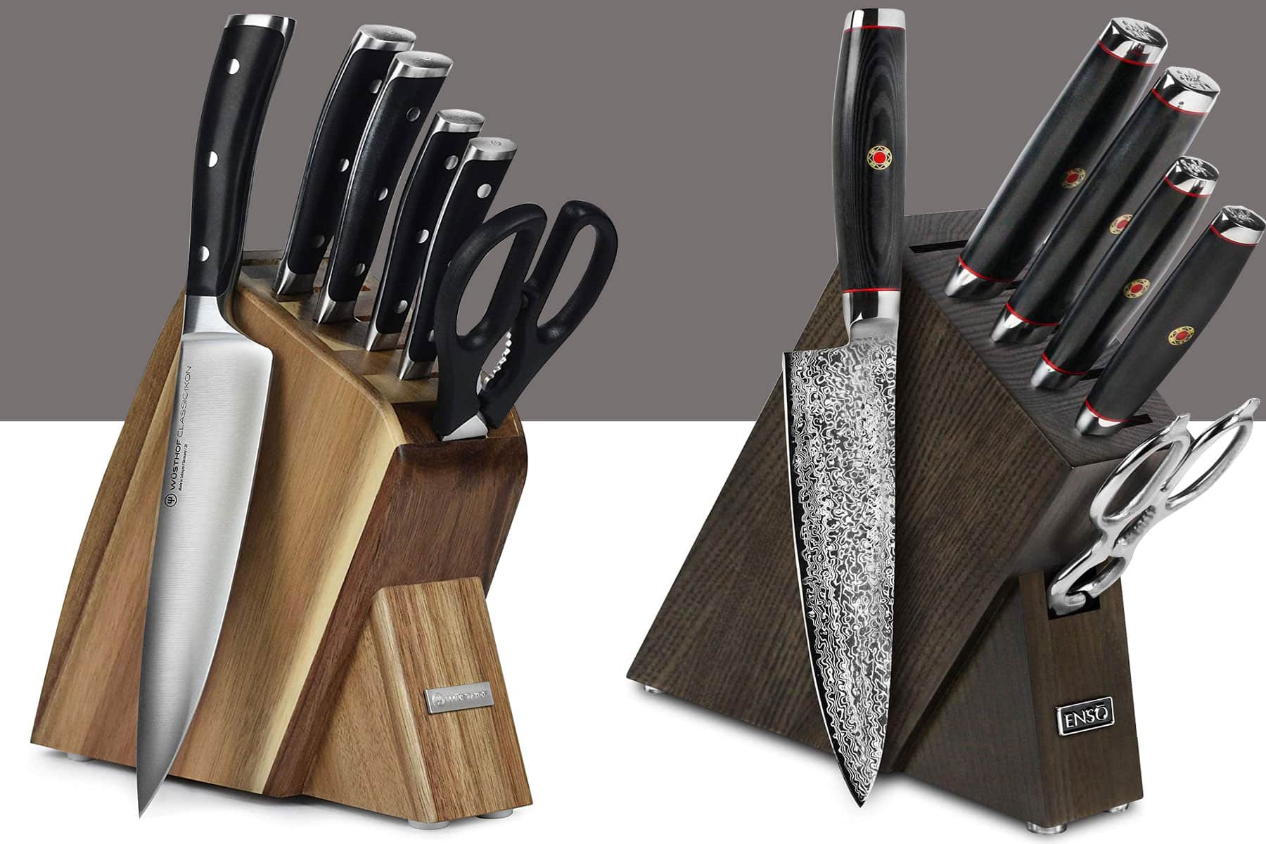 Two high-end knife sets on a gray and white background.