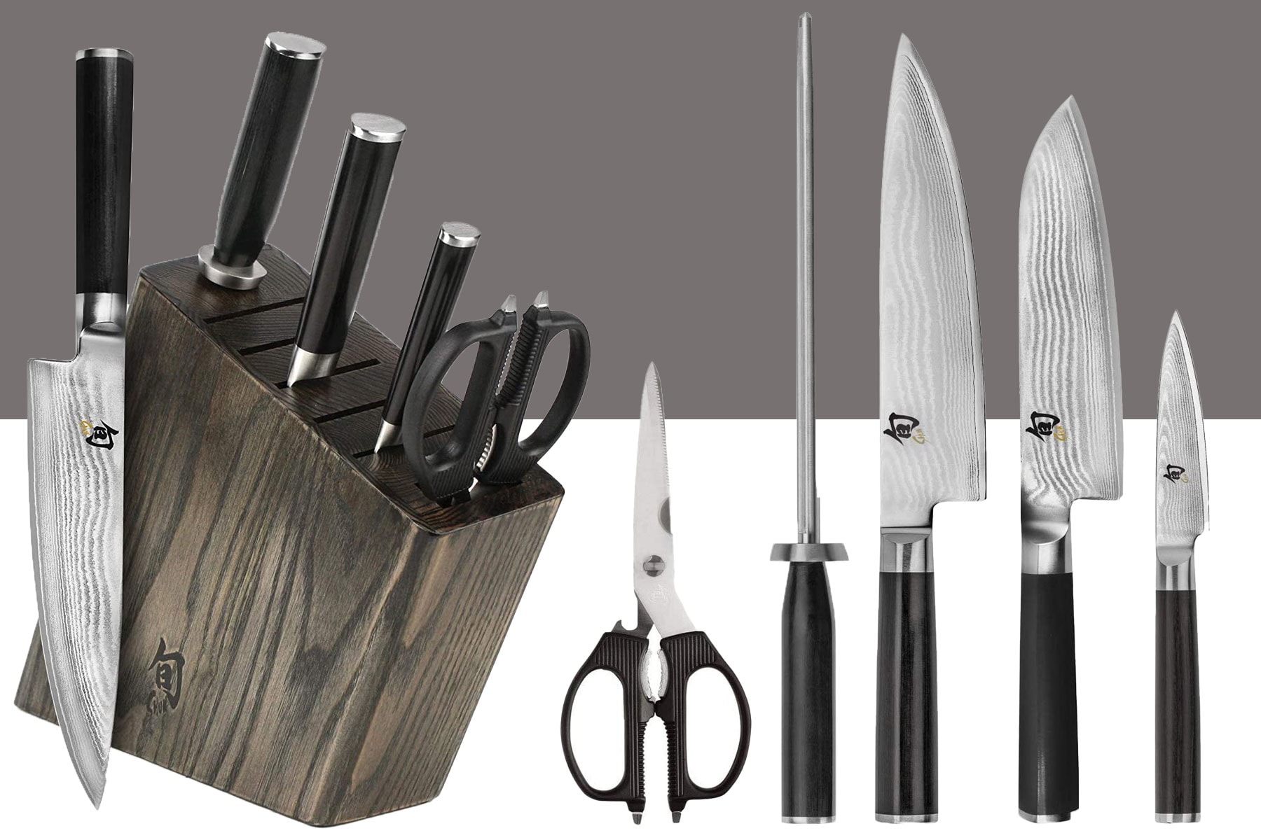 The Shun Classic 8-piece kitchen knife set shown with its wood storage block in front of a gray and white background.