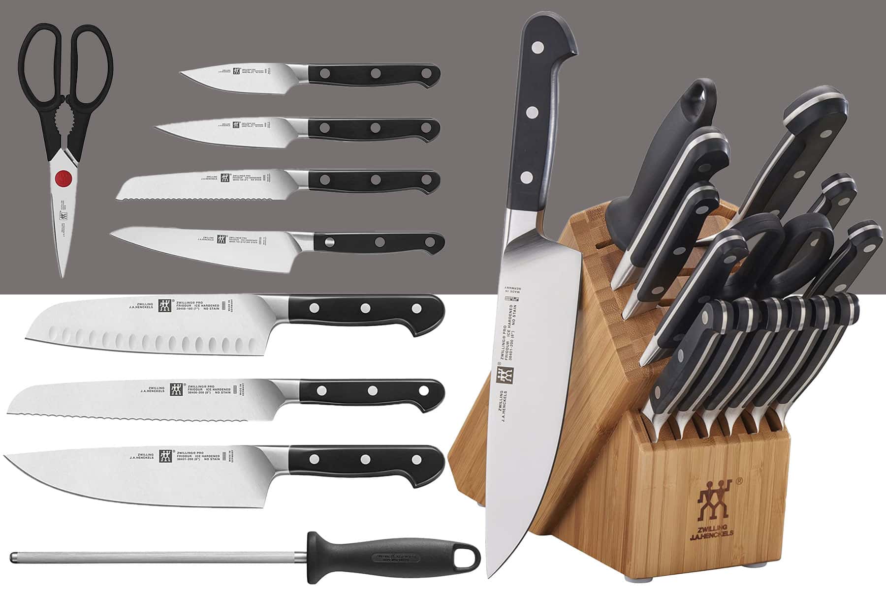 The Zwilling Pro 10 piece knife set knife set shown here with the hero knives and the shears and honing steel.