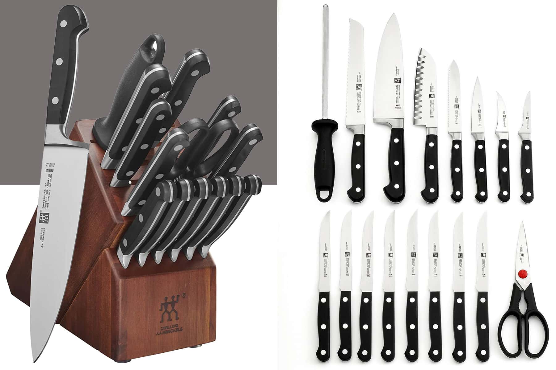 The Zwilling Pro 16-piece knife set with all the knives shown inside and outside of the storage block.