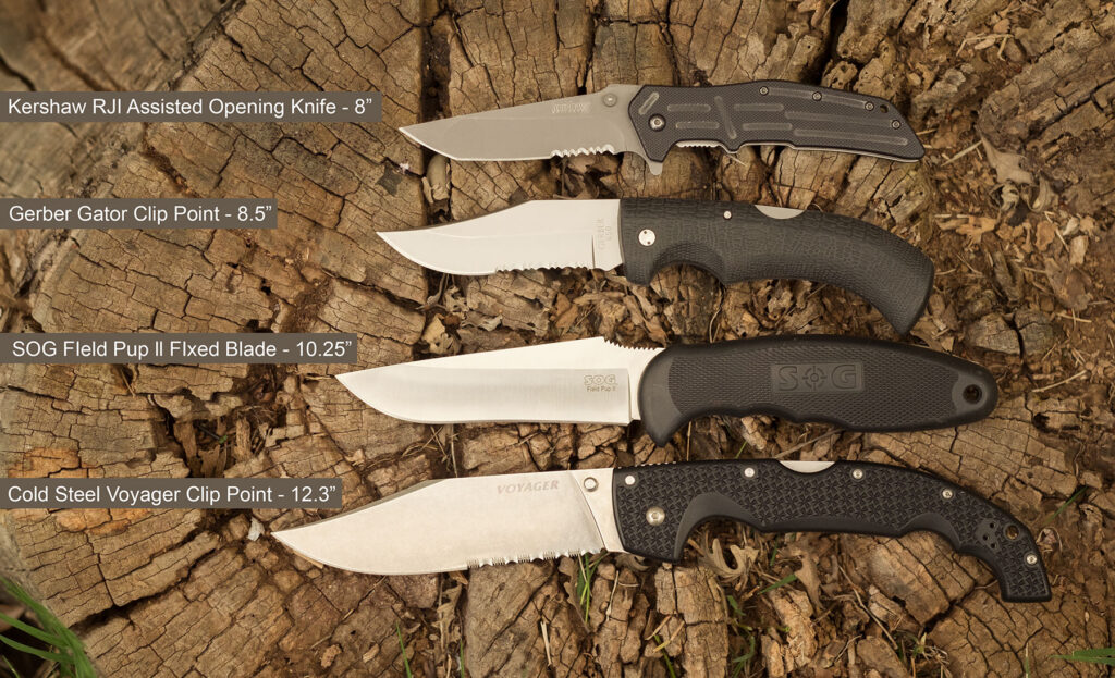 The Cold Steel Voayger XL in the open position next to other popular knives to show the Voyager's large size. 