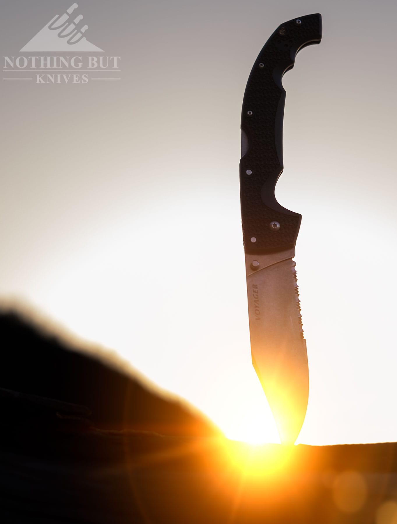 The Cold Steel Voyager XL pocketknife sticking out of a log at sunset.