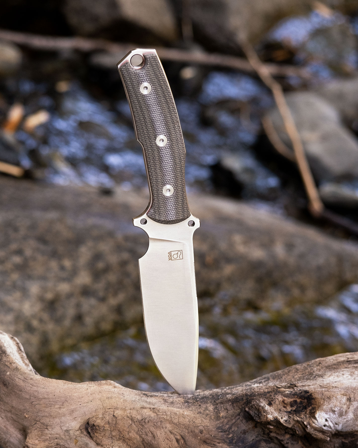 The Boker Magnum 2021 Collection fixed blade knife sticking out of a piece of driftwood next to a mountain creek.