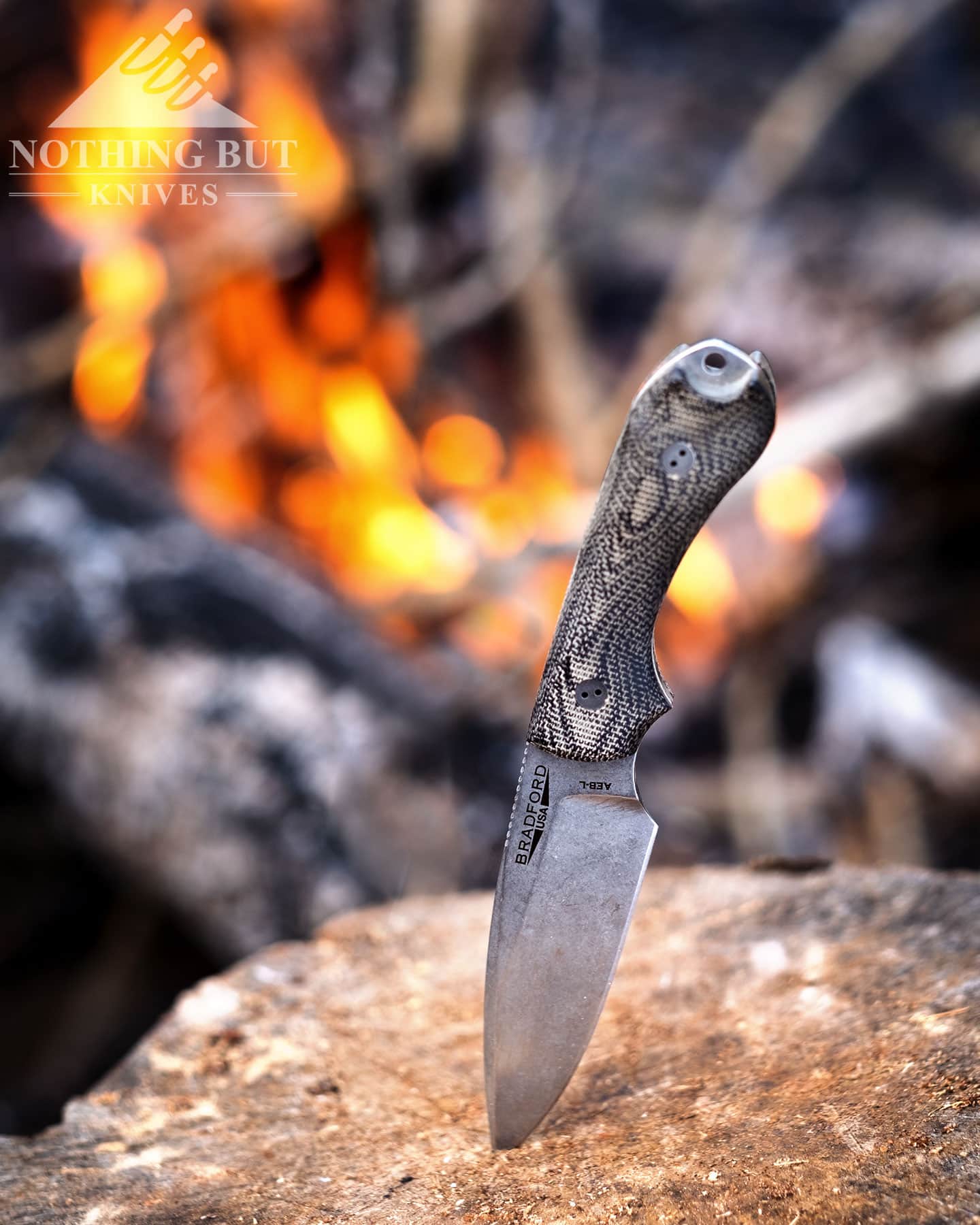 The Bradford Guardian 3 compact fixed blade knife sticking out of a log in front of a campfire.