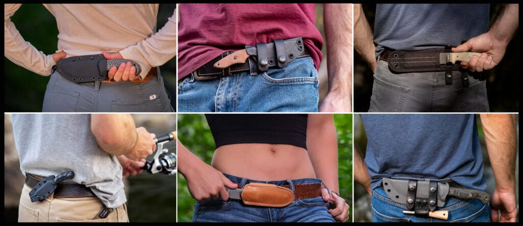 A six-image collage showing a variety horizontal, and scout carry options for fixed blade knives.