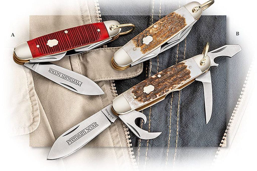 An overhead view of three AG Russel Premium Scout slip joint knives on a jacket.