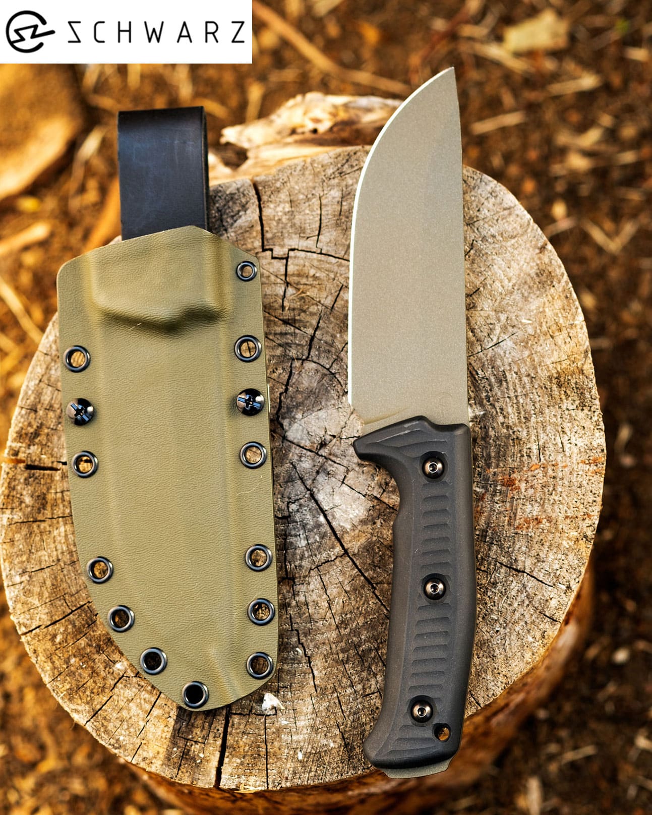 An overhead view of the Schwarz Knives Lost Trail 5 with its kydex sheath on a tree stump.