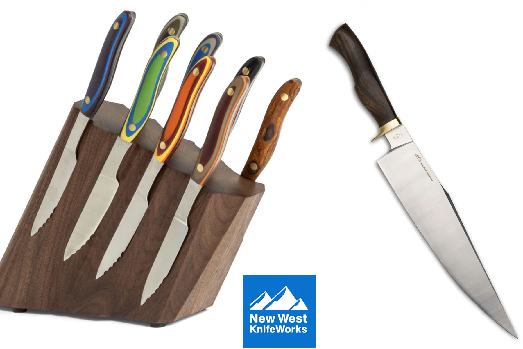 A two image collage showing the New West Knifeworks Steak knife set with storage block on the left and the Barbecue chef knife on the right.