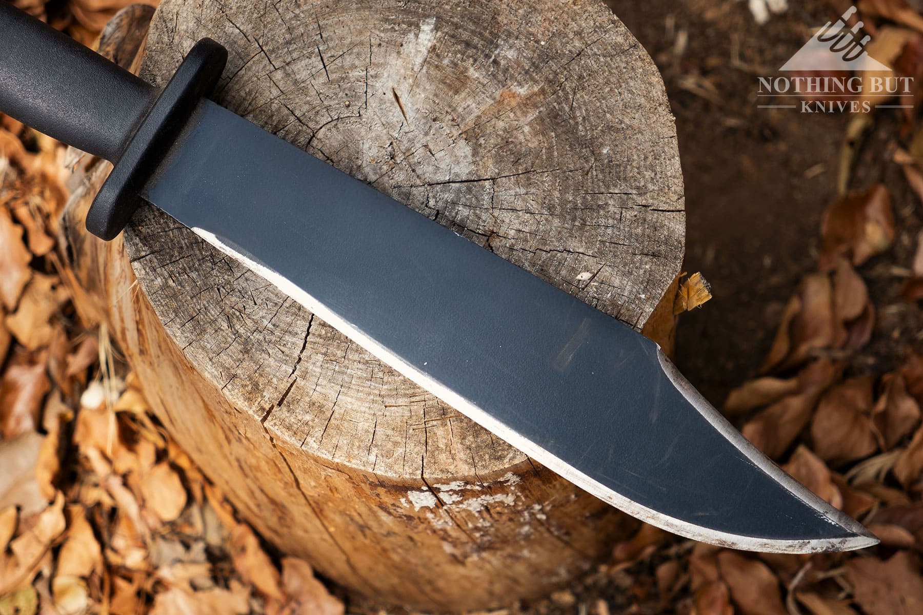 A close-up of the Black Bear Bowie knife blade on top of a firewood round.