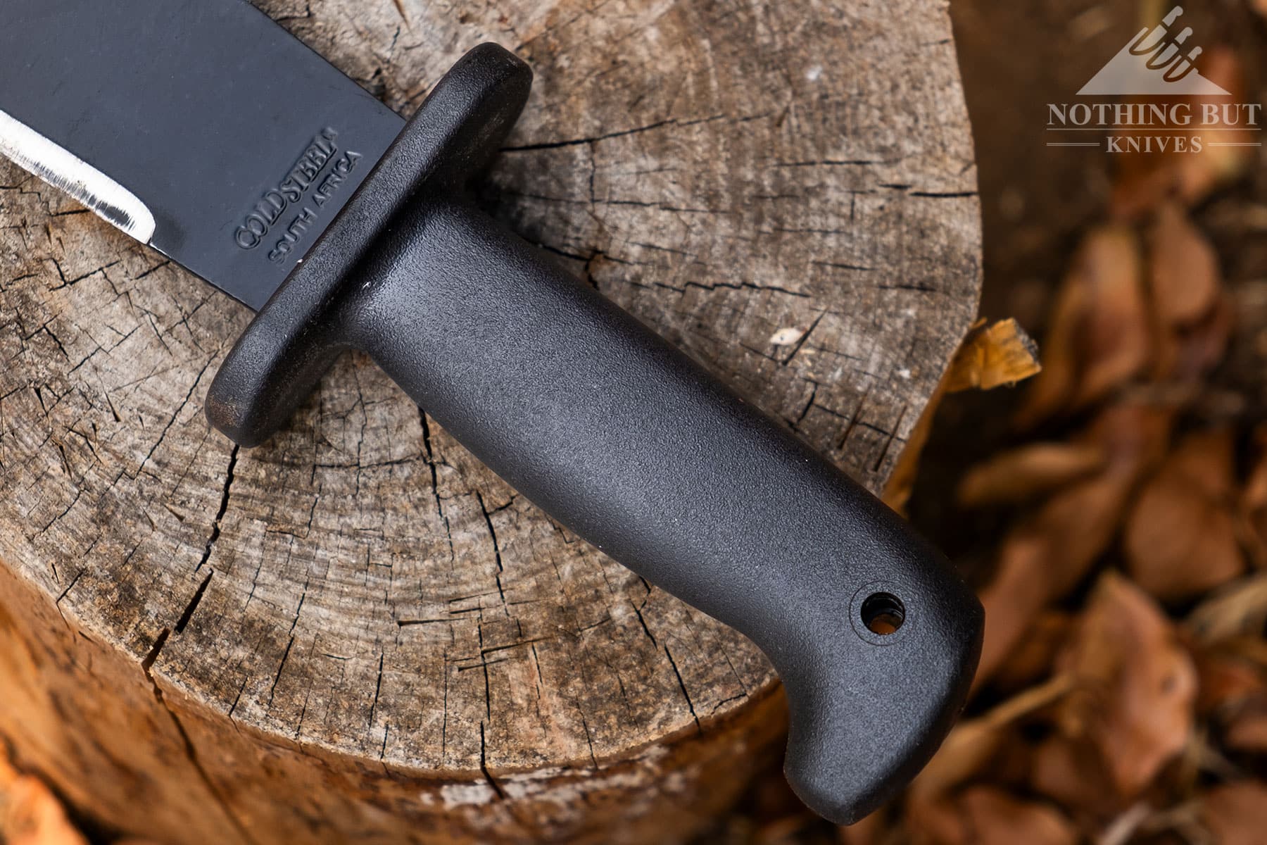 A close-up of the Polypropylene handle of the Cold Steel Black Bear Bowie.