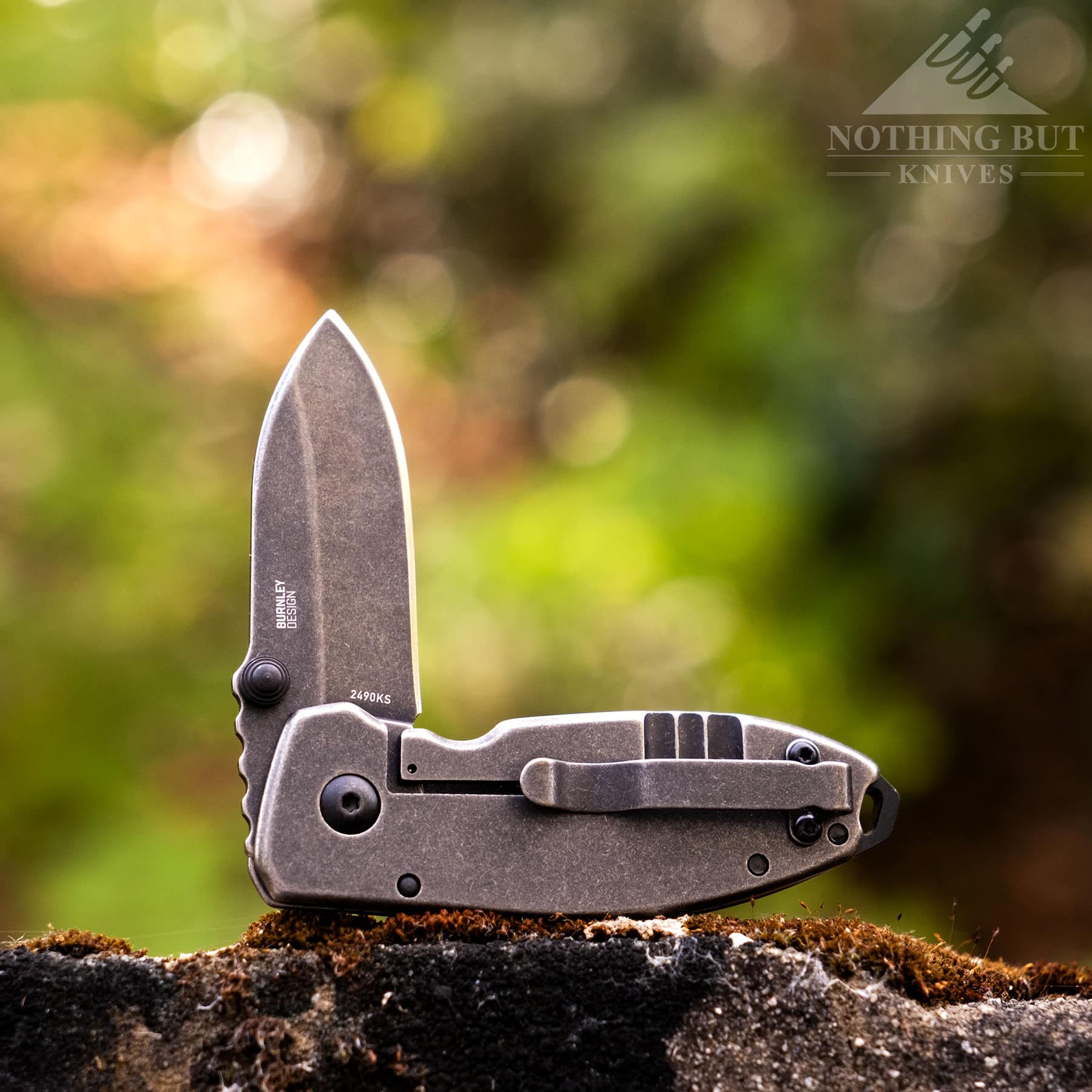 The CRKT Squid designed by Lucas Burnley with the blade in the half open position sitting on a concrete wall in front of a forest background. 