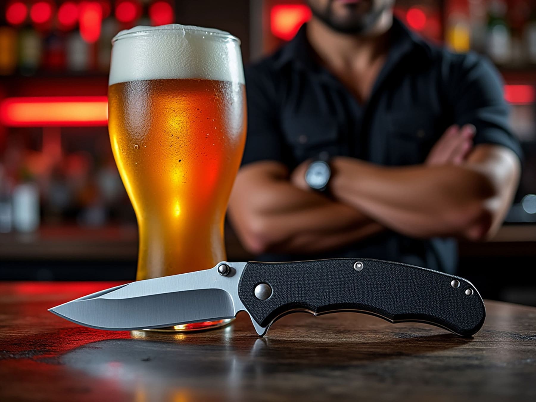 A bartender with his arms folded behind a still life of a pocket knife leaning against a glass of beer on a bar.