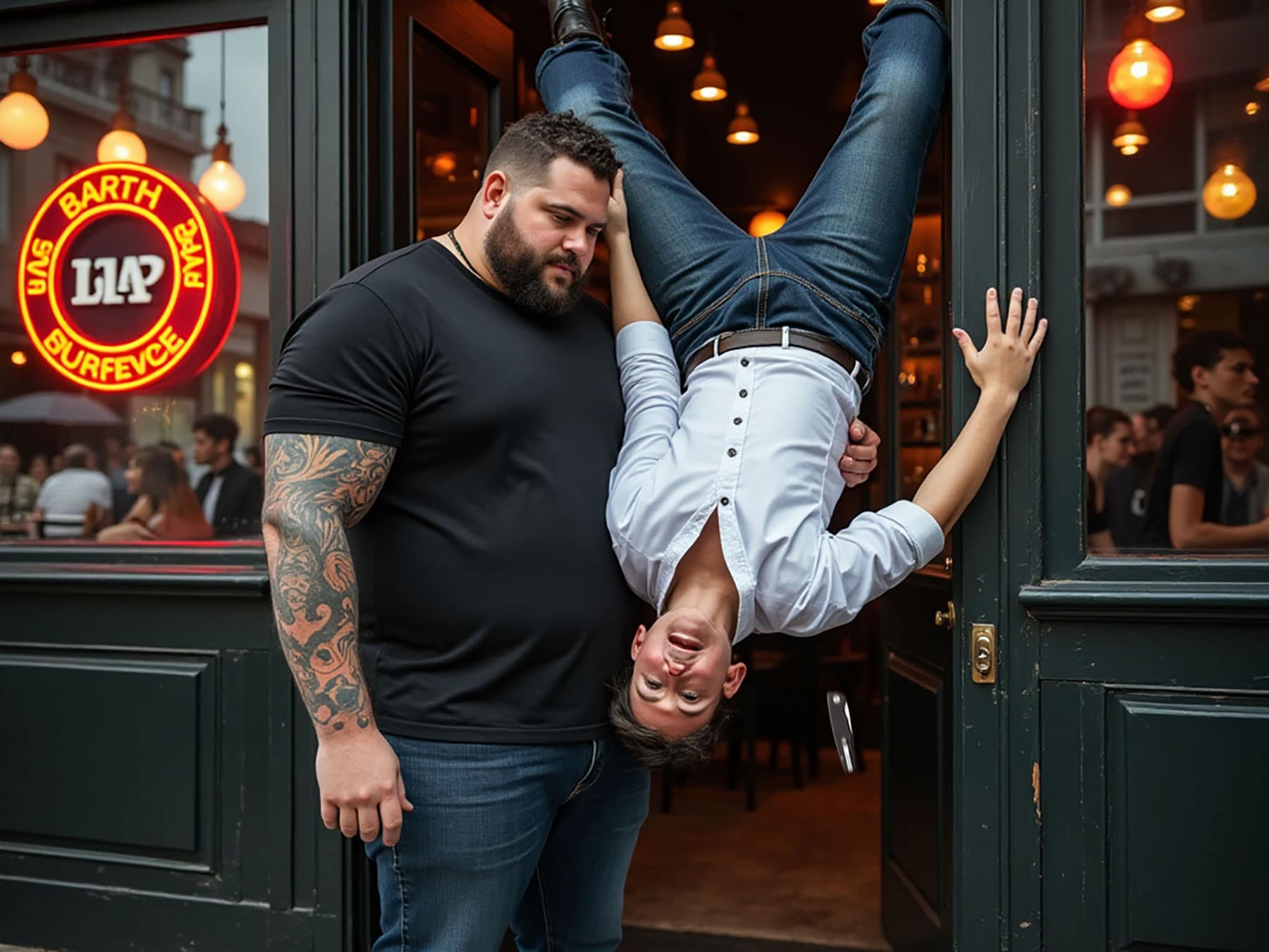 A bar bouncer holding a man in a white shirt upside down in the doorway to dislodge his pocket knife.