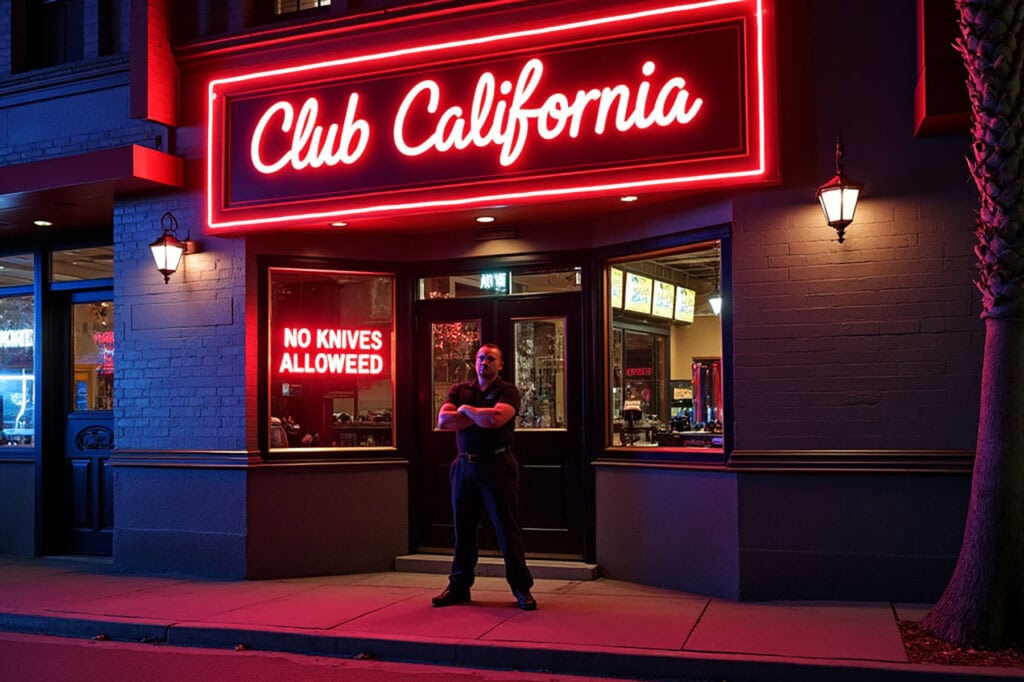 An exterior image showing a night club called Club California with a bouncer dressed in black in the doorway next to a neon sign that says "No Knives Allowed".