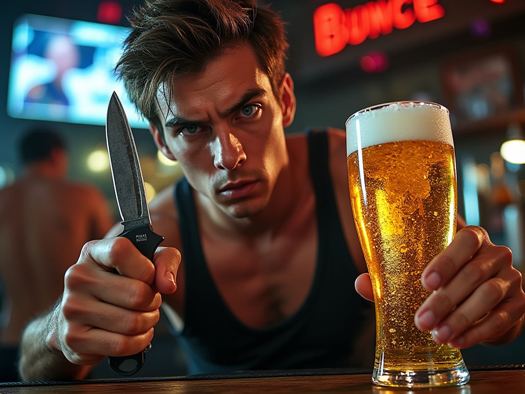 A man in a dimly lit bar holding a knife in one hand and a beer in the other hand.