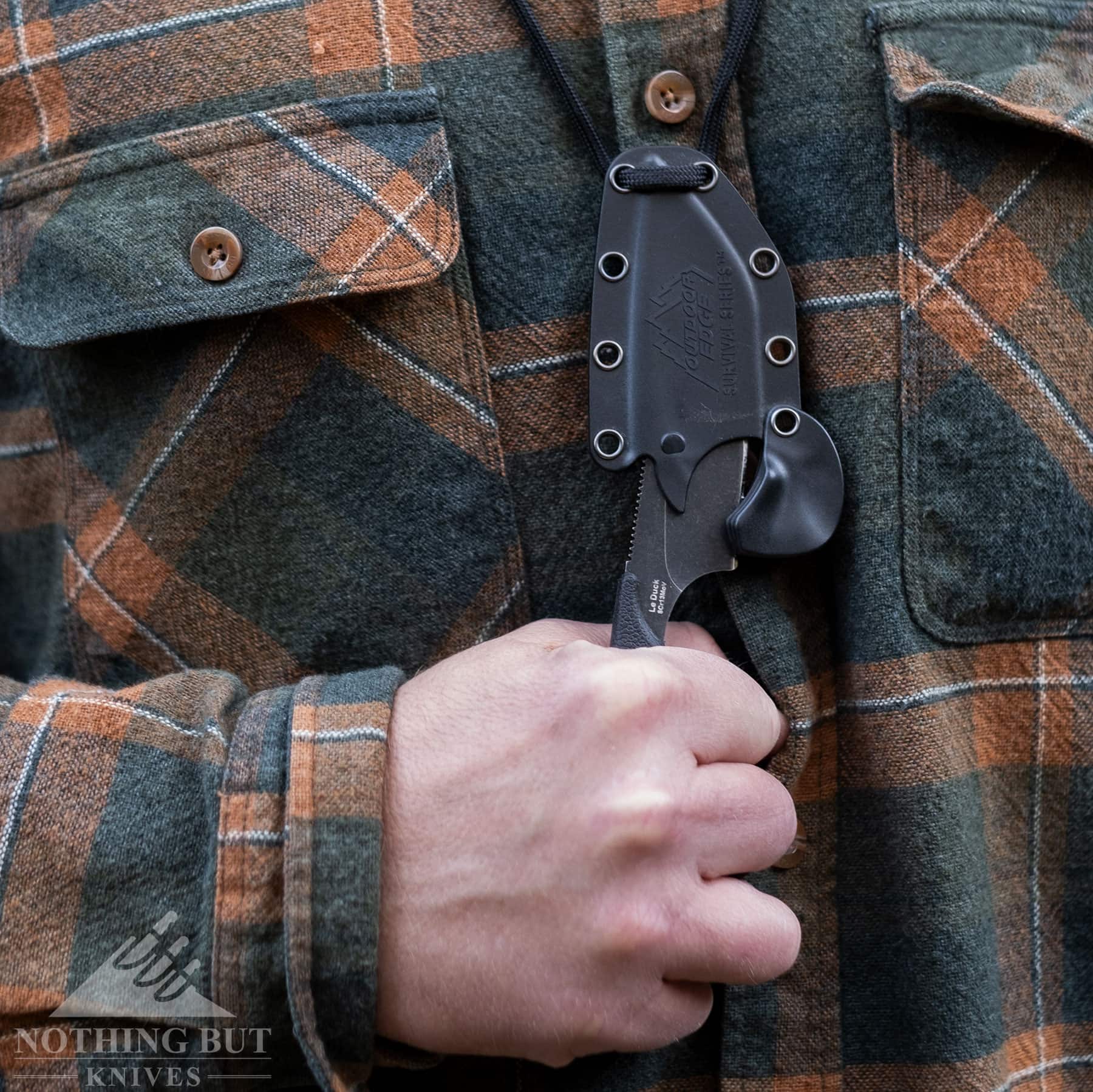 The Outdoor Edge Le Duck can be worn on the waist or as a neck knife.