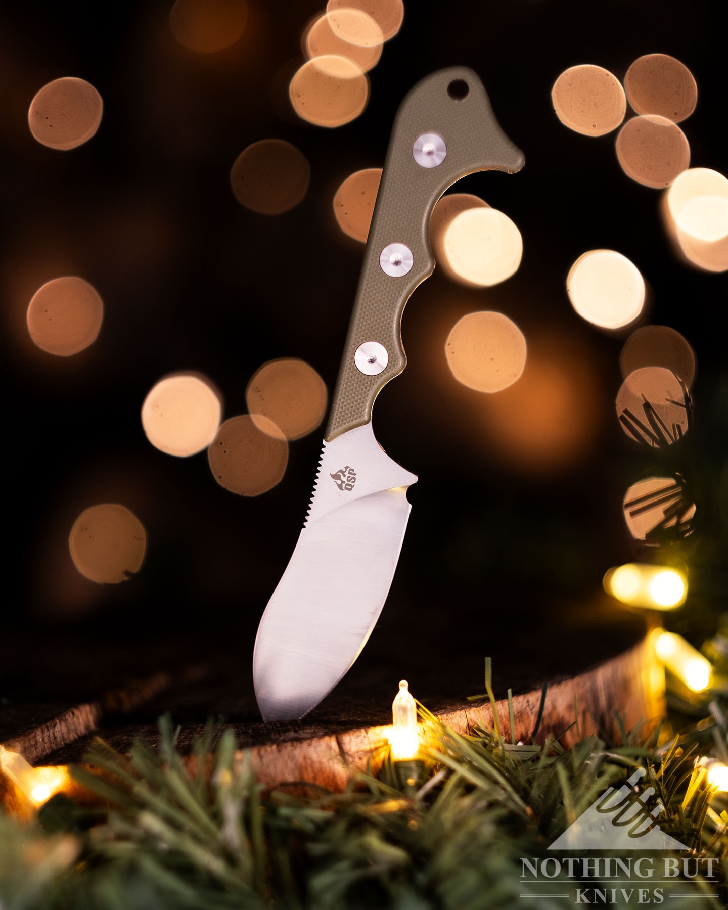 The QSP Neckmuk neck knife with its blade sticking out of a tree stump in front of blurry holiday lights. 