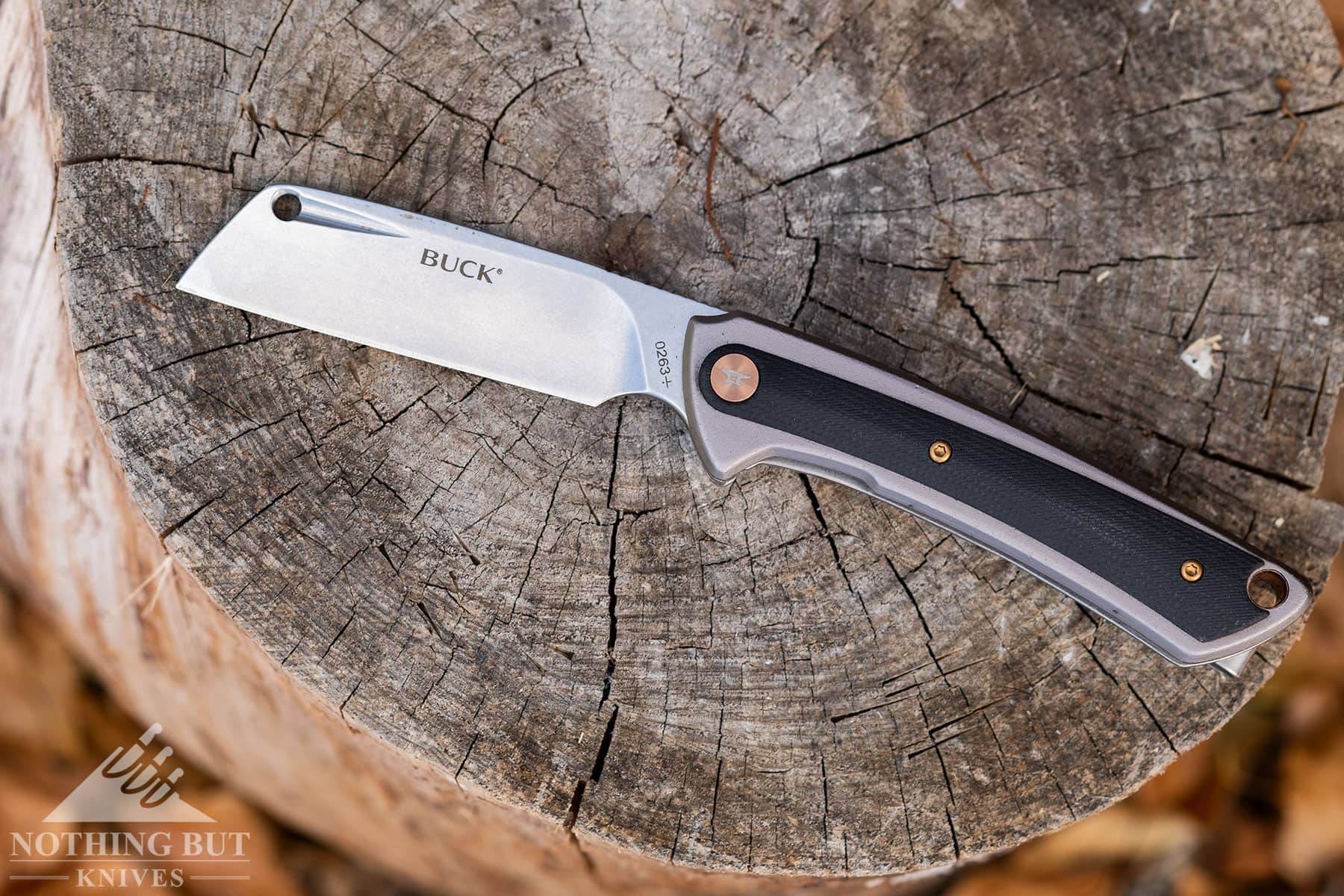 The Buck HiLine folding knife in the open position on a tree stump.