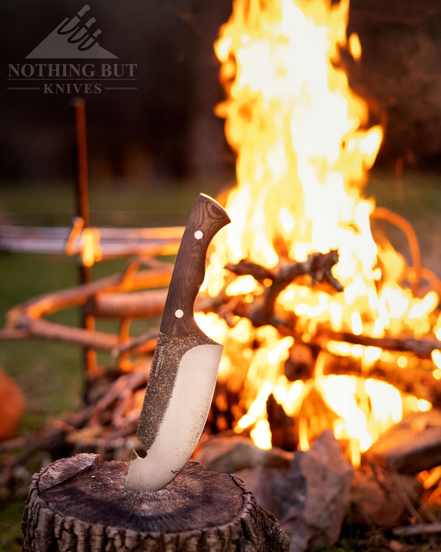 The Off-Grid Bush Slicer Camping chef and survival knife sticking out of a log in front of a campfire and grill.