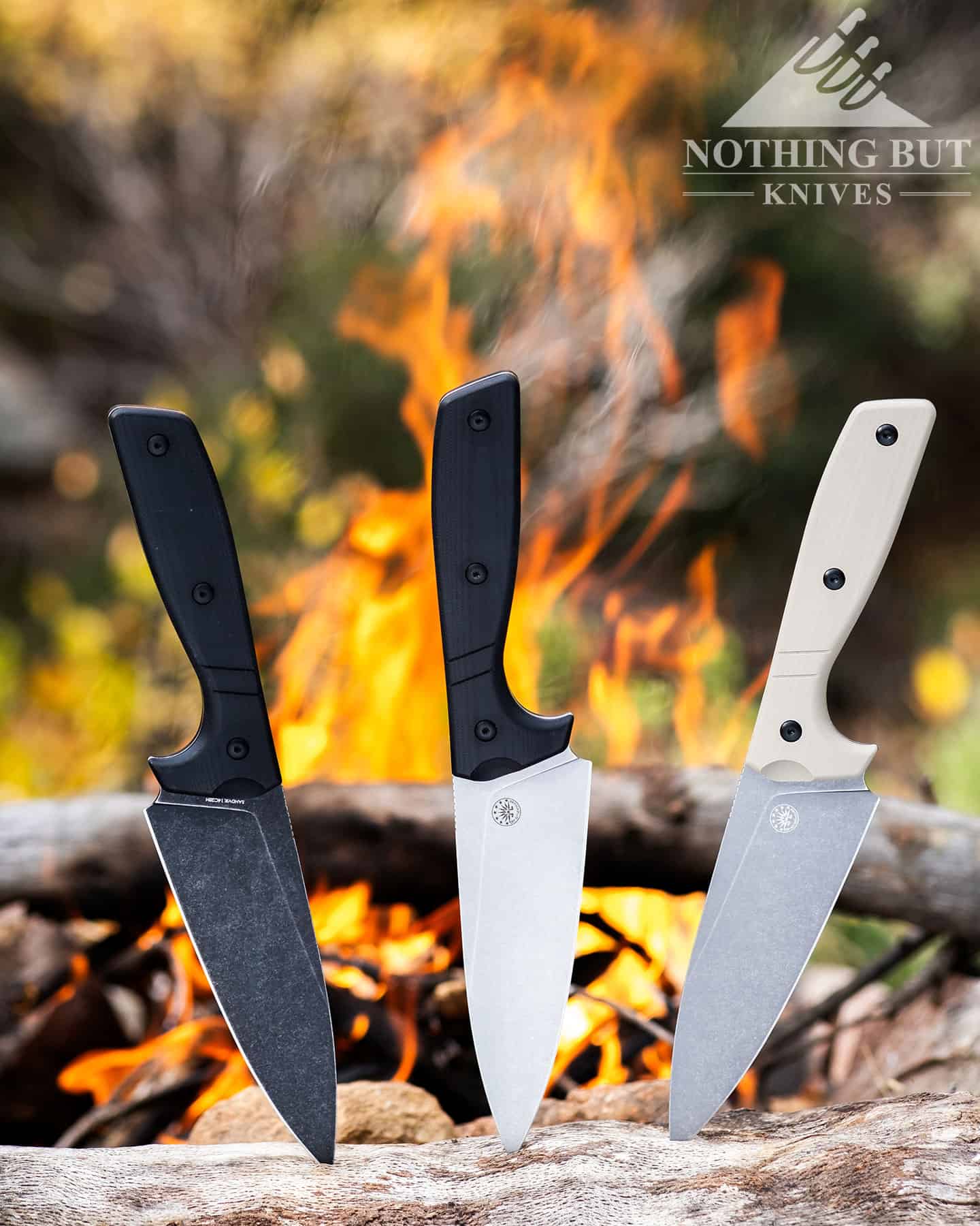 The Off-Grid Sierra comes in three different blade, handle and sheath color options. They are shown here from left to right: black handle and black anodized blade, back handle and a satin blade and coyote handle and a stonewashed blade.