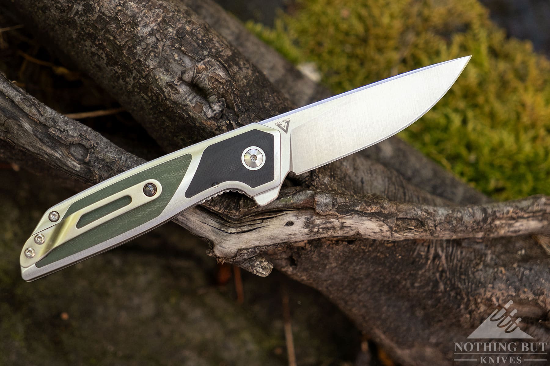 The Begg Knives Diamici pocket knife in the fully open position on a large root.