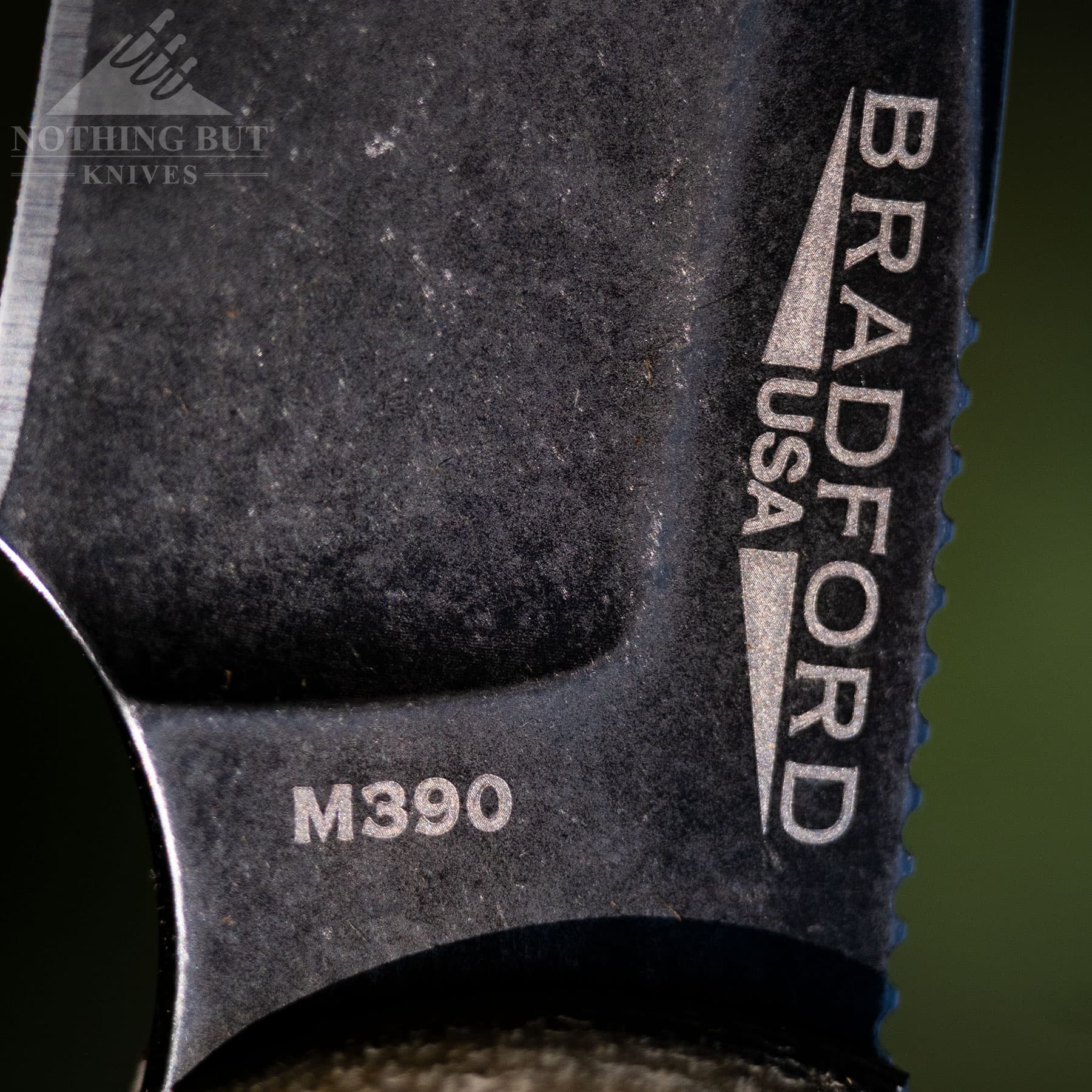 A macro image of the Bradford Guardian 3 steel stamp and company name. 