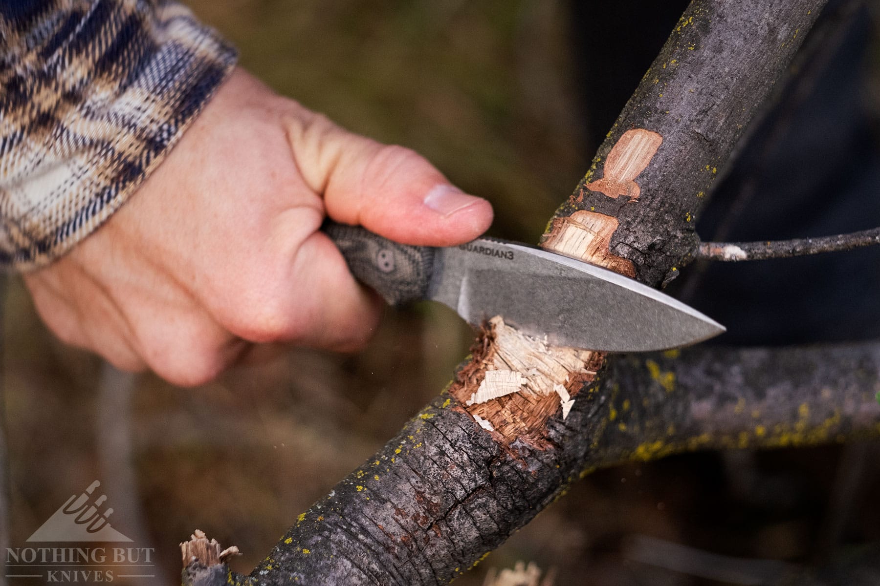 Chopping a branch with the Bradford Guardian 3 fixed blade survival knife.