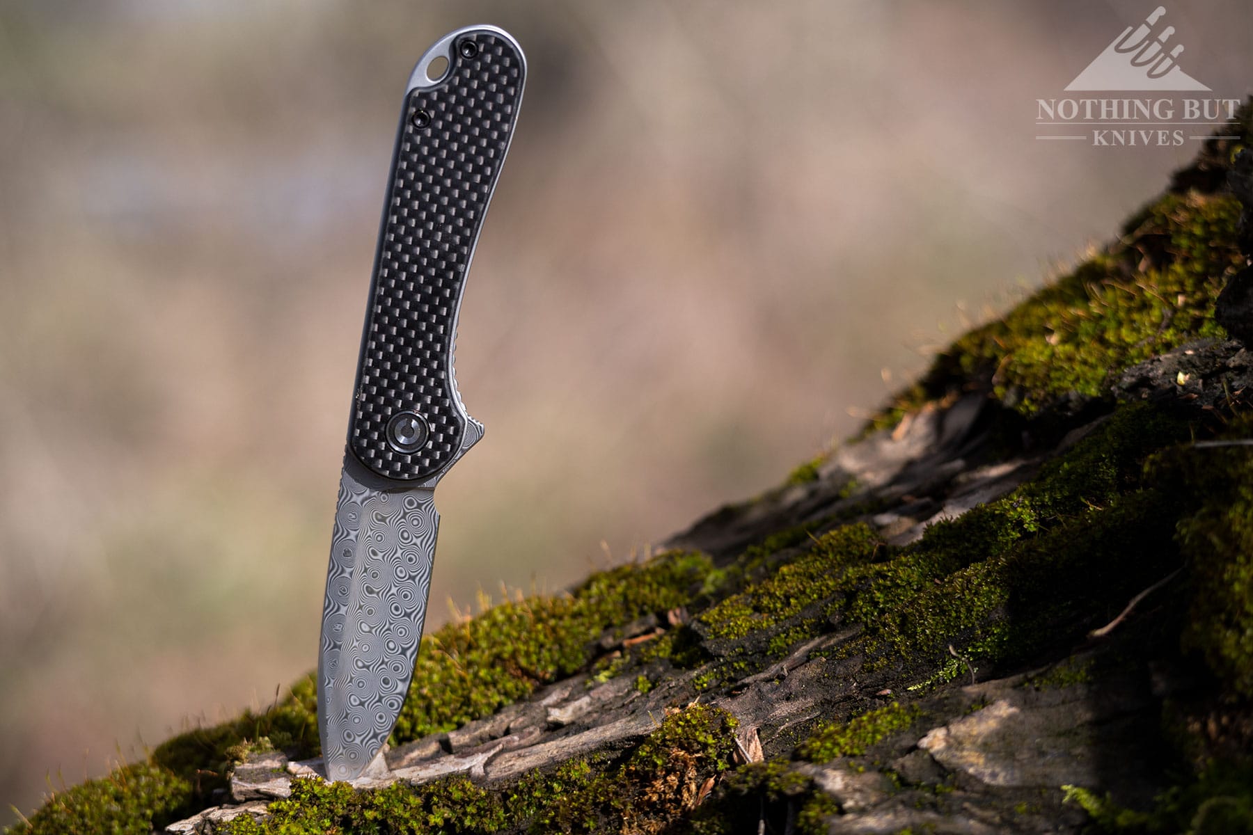 The Civivi Elementum folding knife sticking out of a moss-covered tree branch in front of a blurry, brown background.