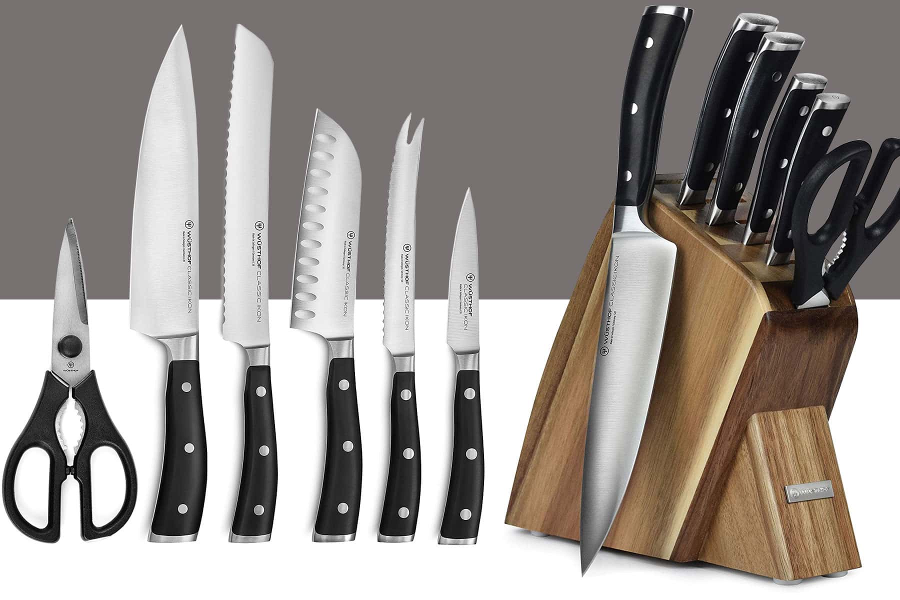 The Wusthof Classic Ikon seven-piece knife set wit the knives shown in and out of the storage block.