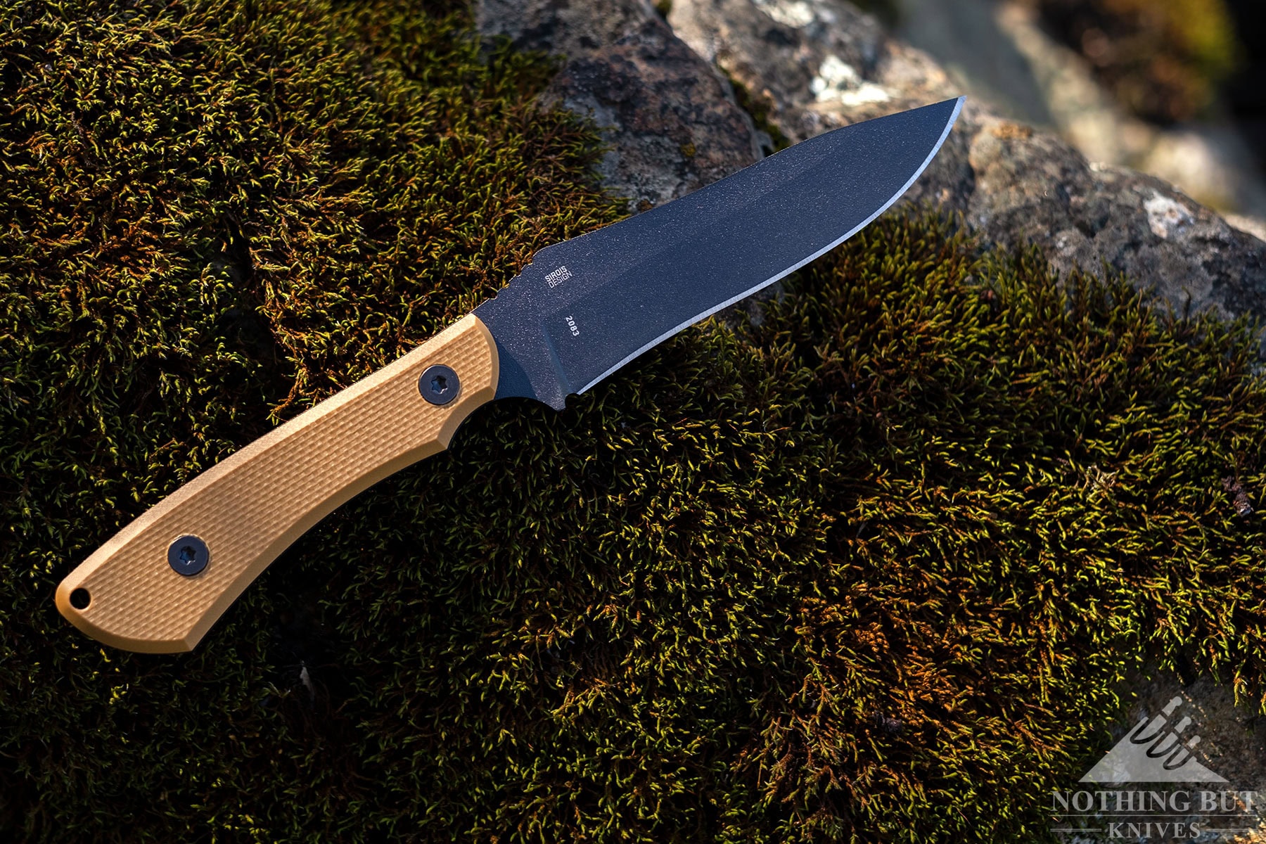 The CRKT Ramadi on a mossy rock offered as a cheaper alternative to the Soldotna.