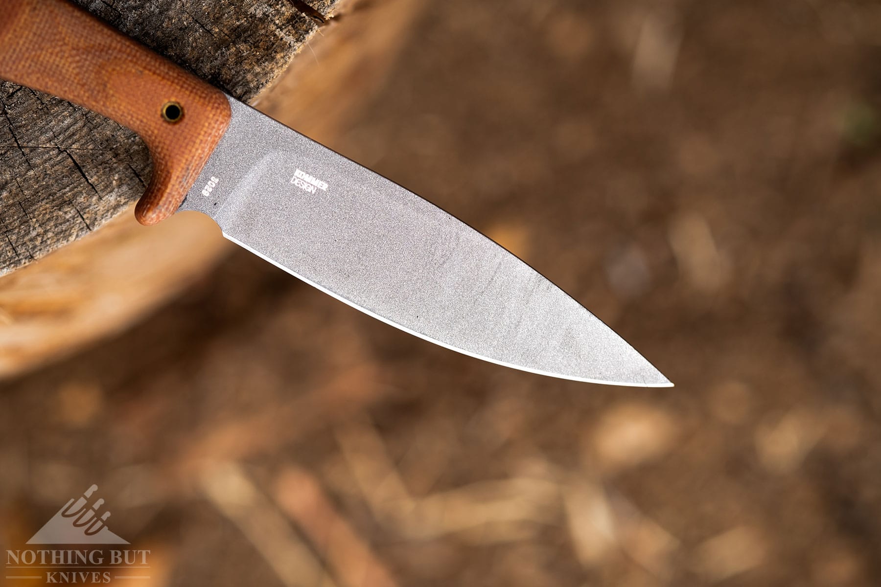 A close-up of the blade of the CRKT Soldotna hunting knife.