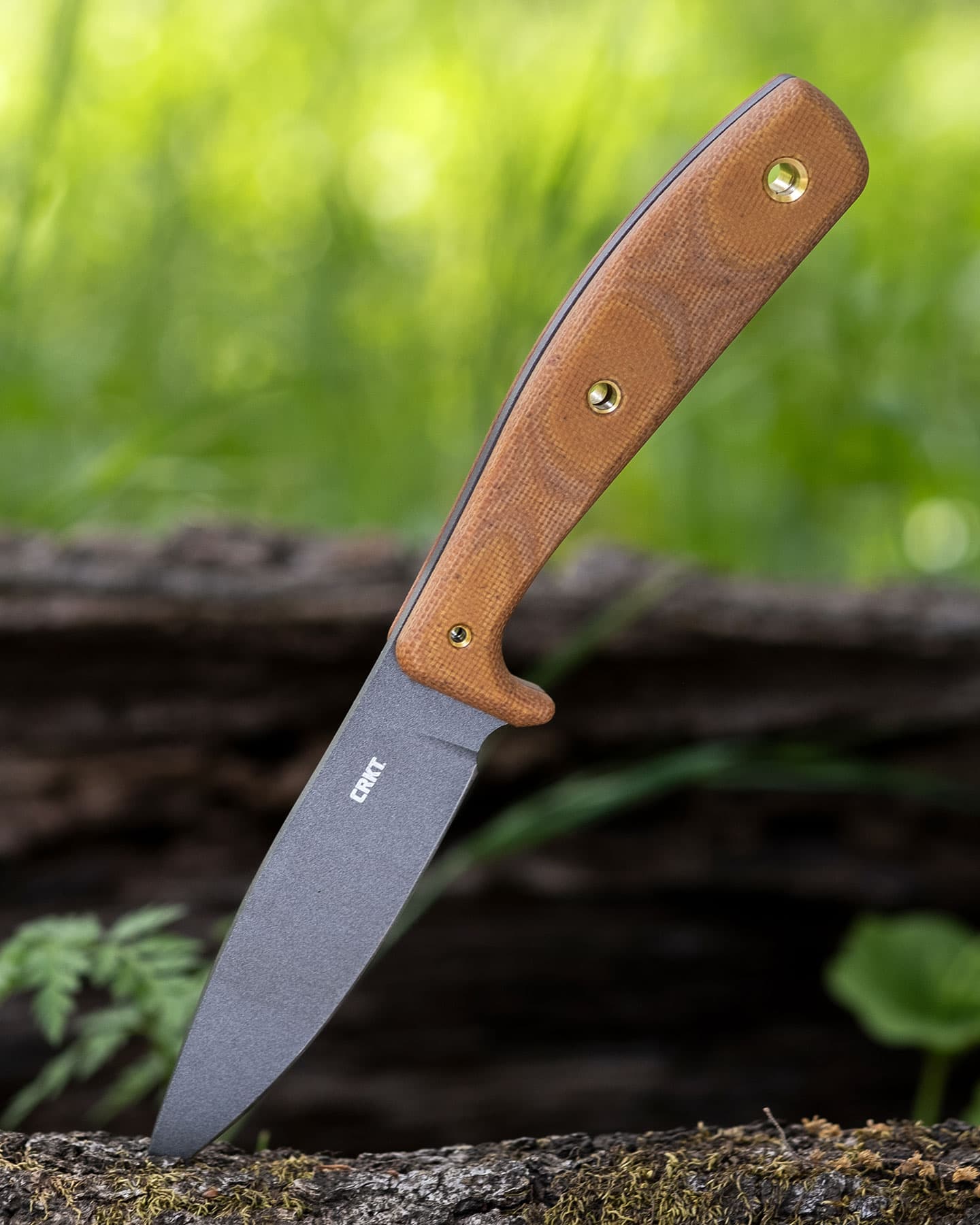 The Columbia River Knife and Tool Soldotna fixed blade knife sticking out of a log in a green field.