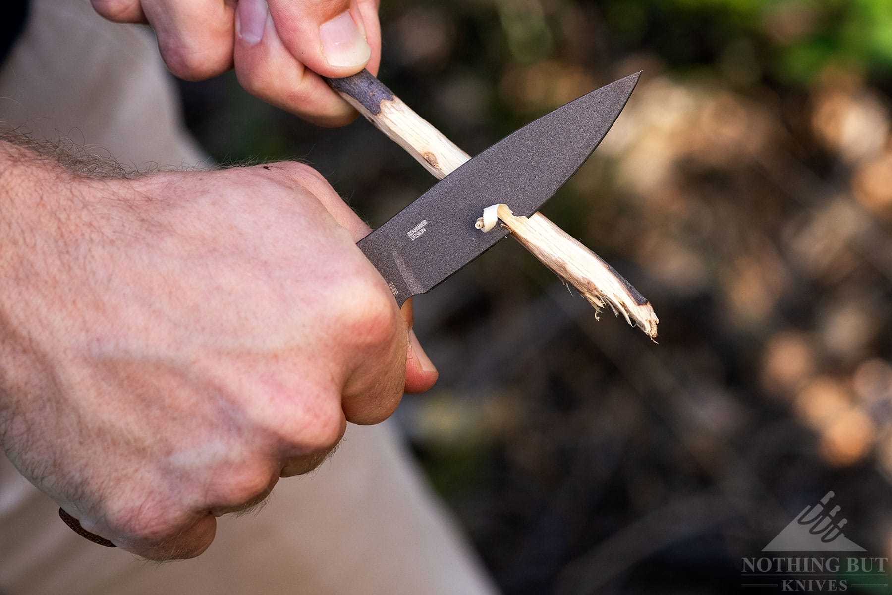 A close-up of the Soldotna  knife blade slicing a curl from a small branch.