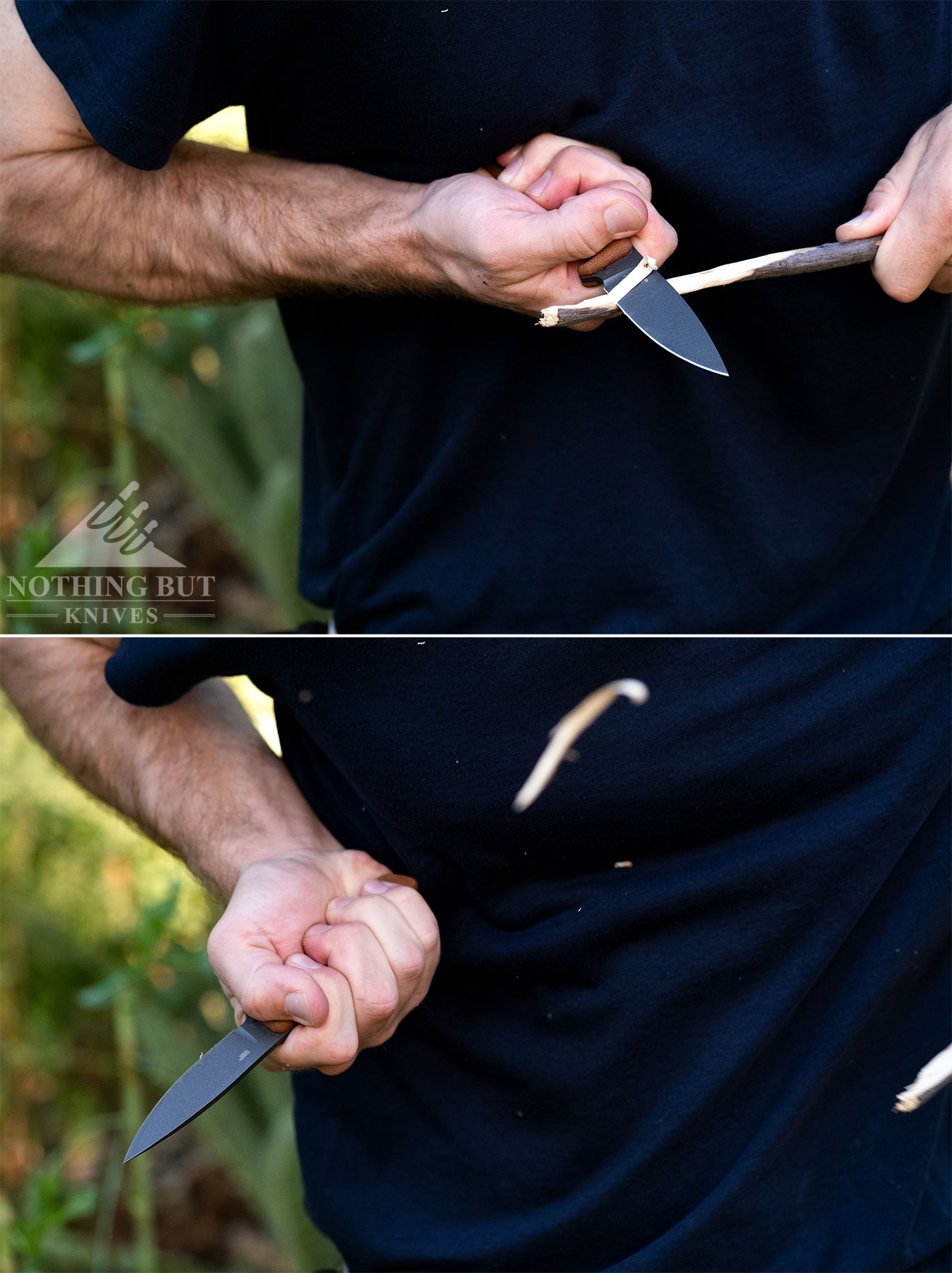 A two-image collage showing the CRKT Soldotna being used in a chest lever grip to carve a stick.