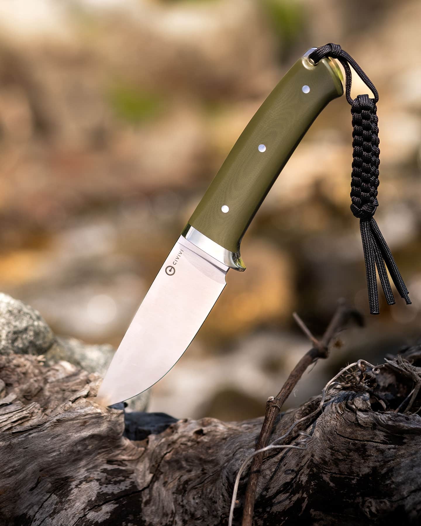 The Civivi Cloud Peak fixed blade knife sticking out of a stump in a forest.